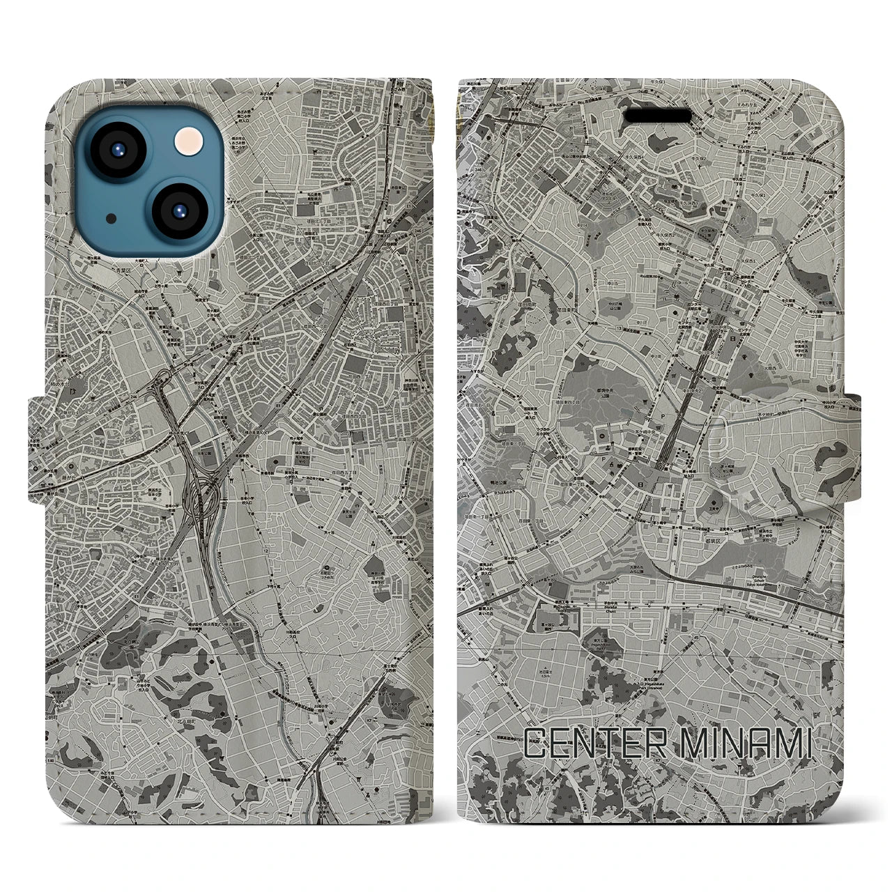 【センター南(神奈川県)】地図柄iPhoneケース(手帳タイプ)モノトーン・iPhone 13 用