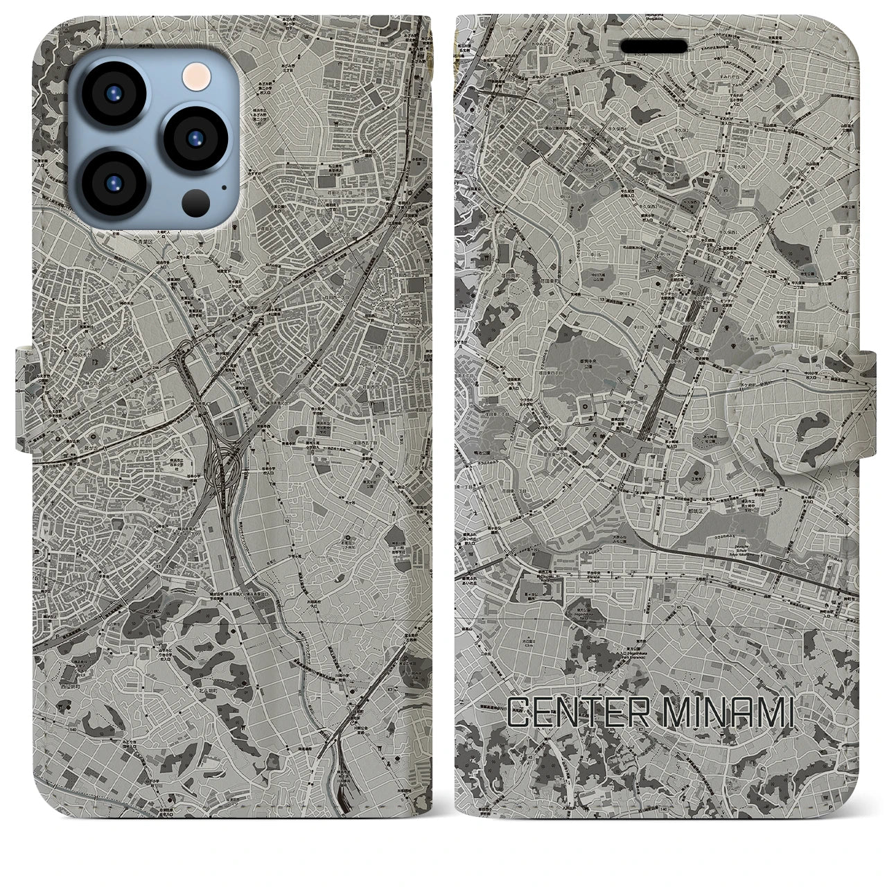 【センター南(神奈川県)】地図柄iPhoneケース(手帳タイプ)モノトーン・iPhone 13 Pro Max 用