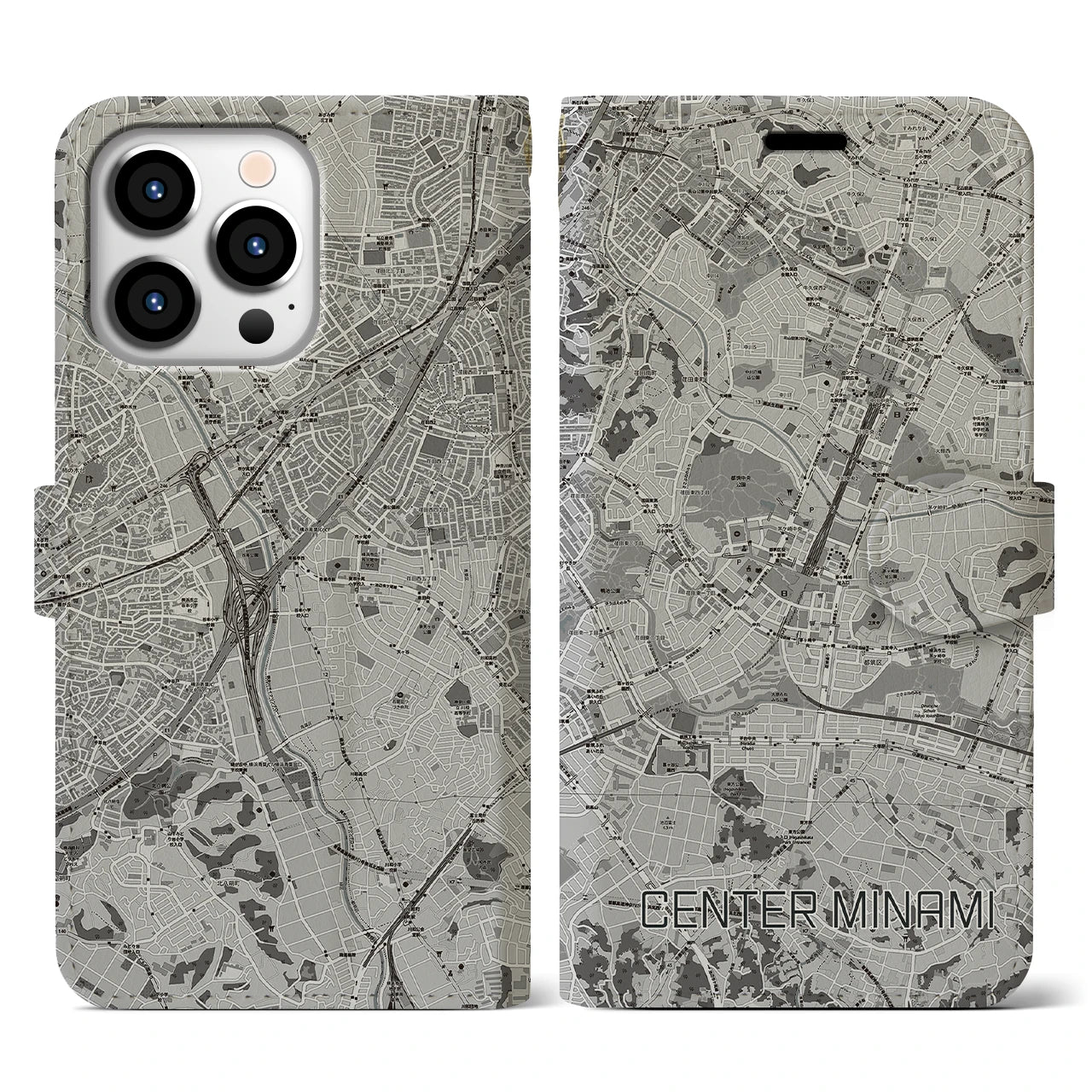 【センター南(神奈川県)】地図柄iPhoneケース(手帳タイプ)モノトーン・iPhone 13 Pro 用