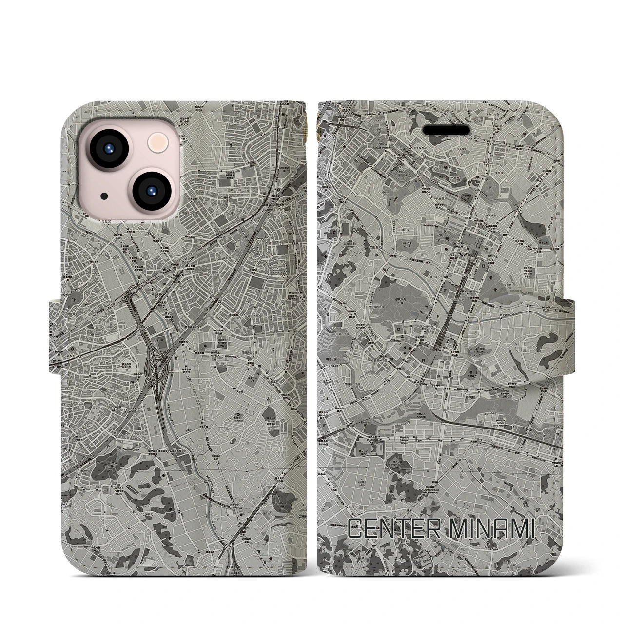 【センター南(神奈川県)】地図柄iPhoneケース(手帳タイプ)モノトーン・iPhone 13 mini 用