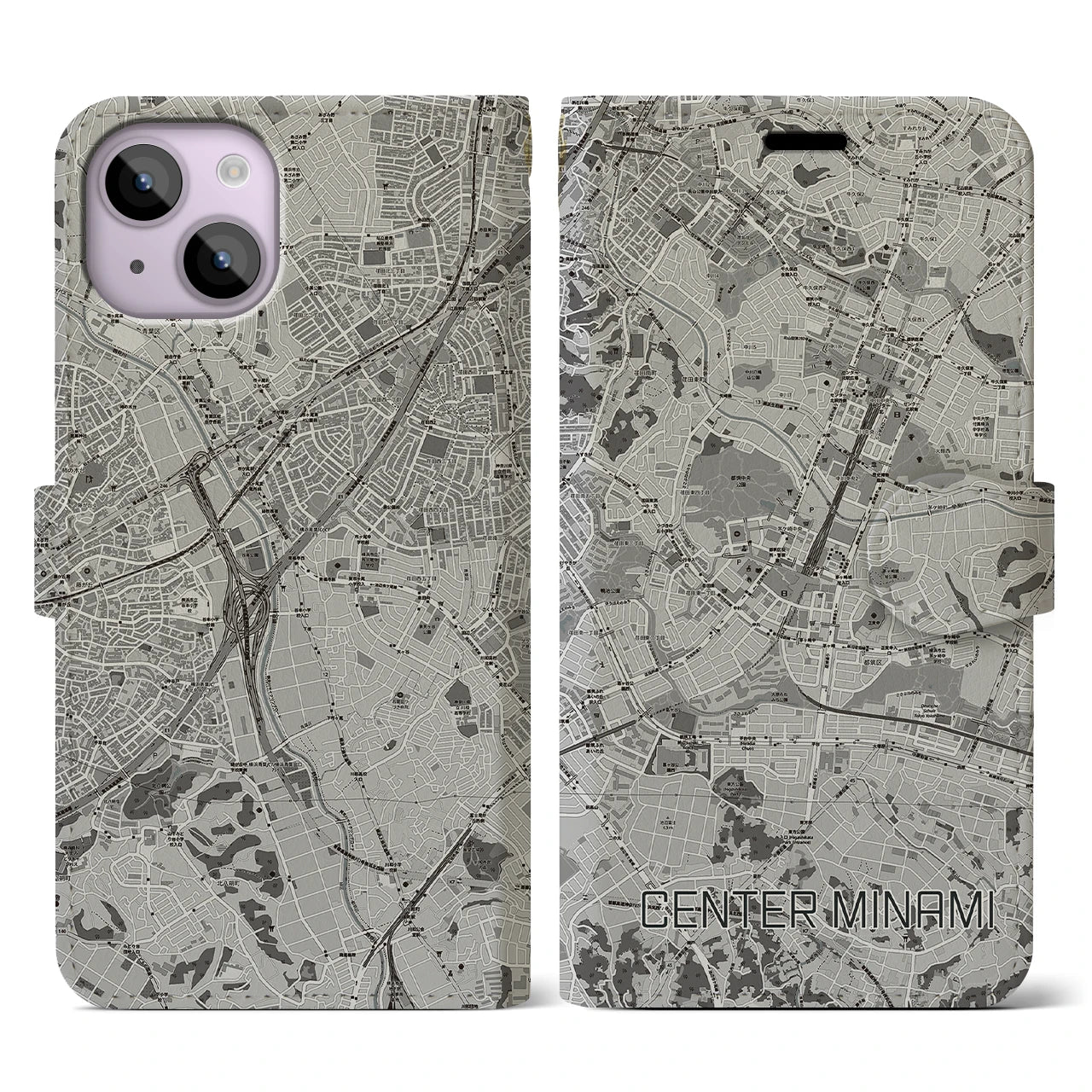 【センター南(神奈川県)】地図柄iPhoneケース(手帳タイプ)モノトーン・iPhone 14 用