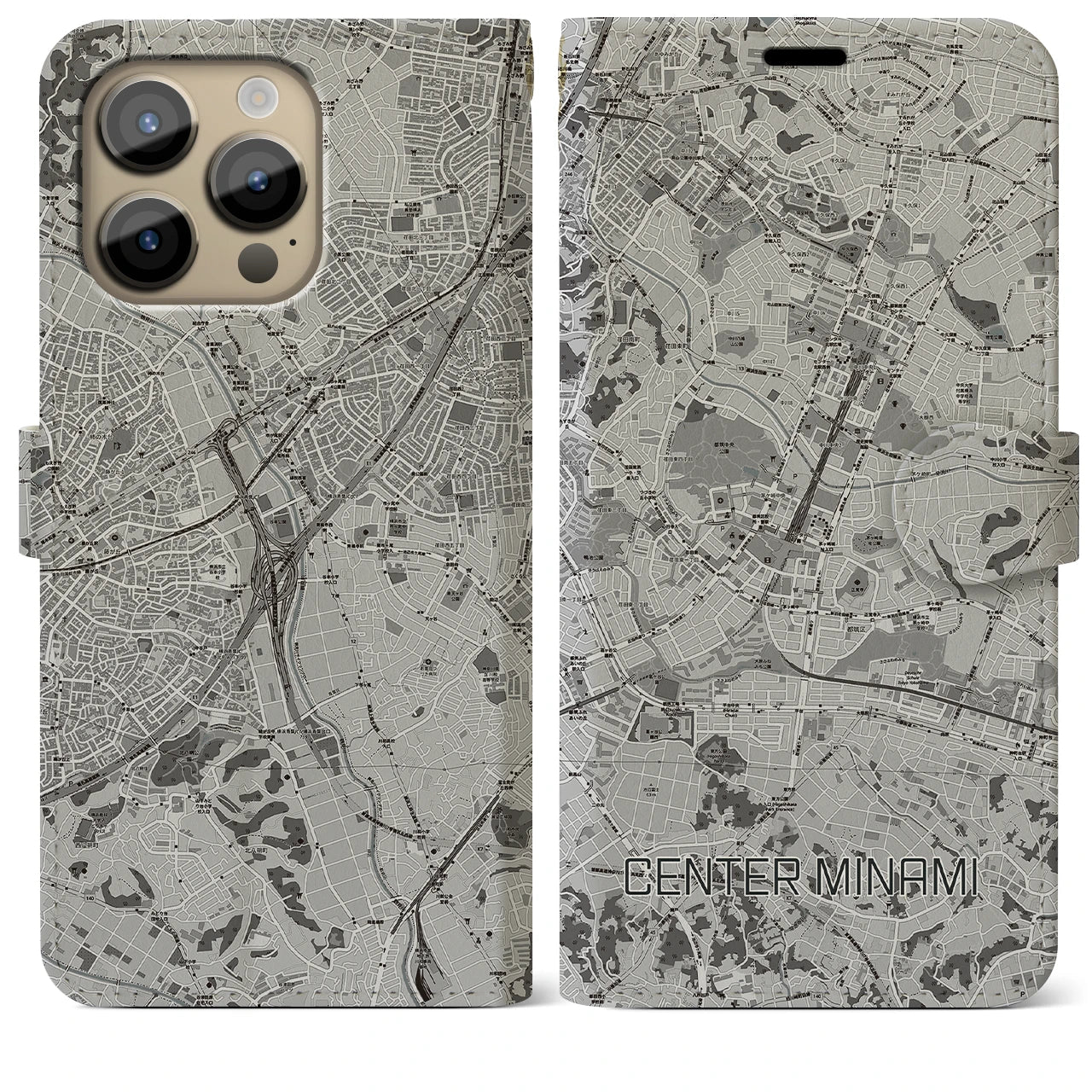 【センター南(神奈川県)】地図柄iPhoneケース(手帳タイプ)モノトーン・iPhone 14 Pro Max 用