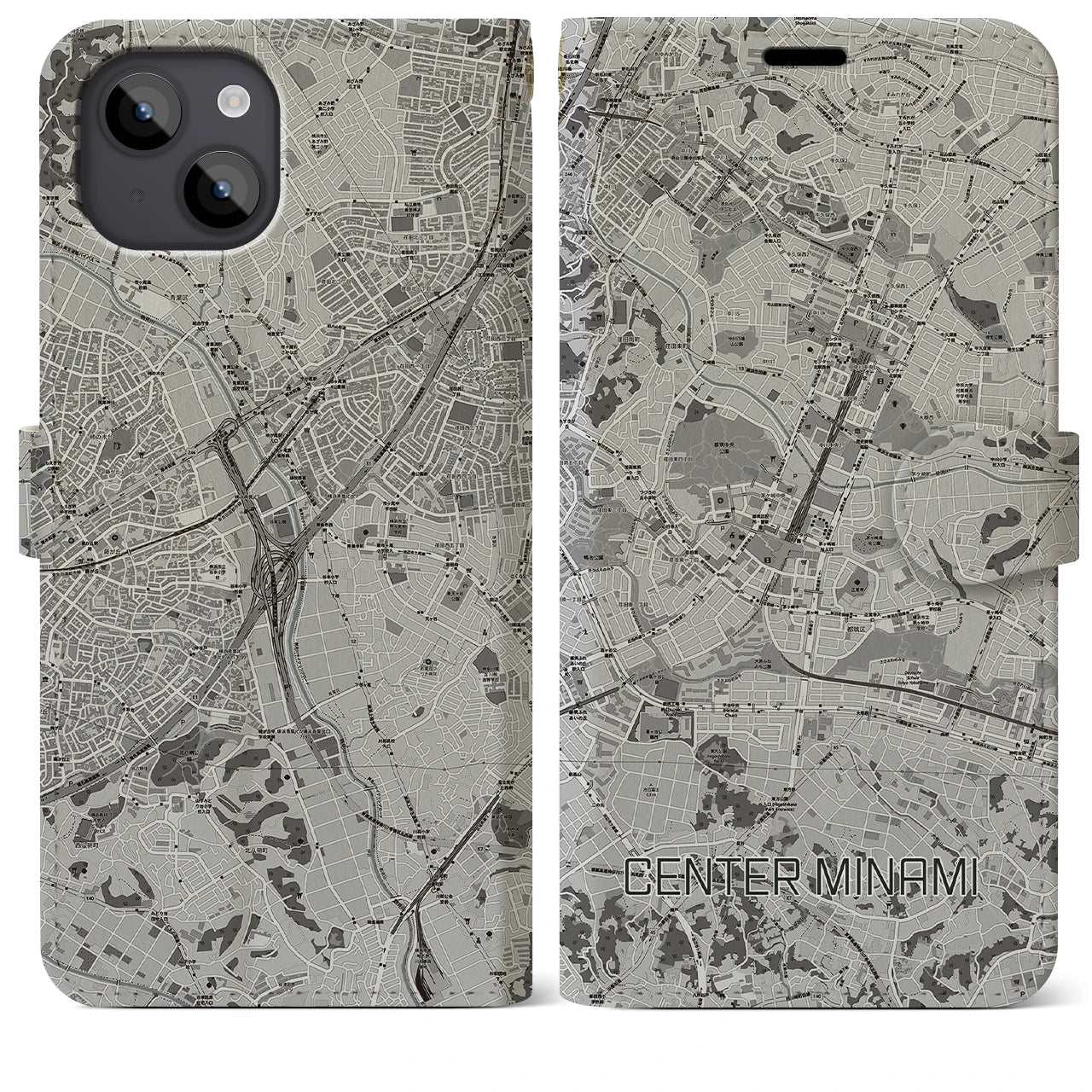 【センター南(神奈川県)】地図柄iPhoneケース(手帳タイプ)モノトーン・iPhone 14 Plus 用