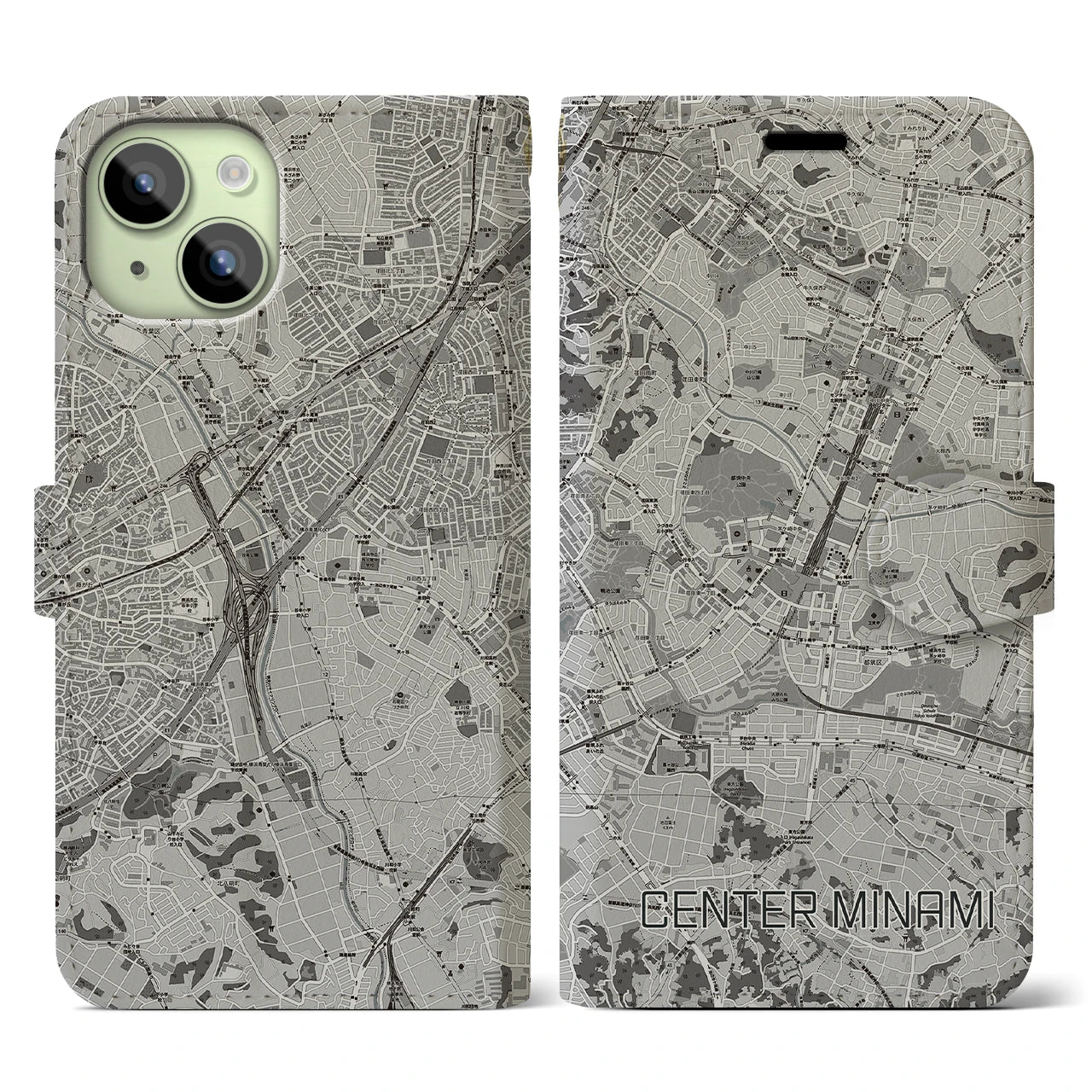 【センター南(神奈川県)】地図柄iPhoneケース(手帳タイプ)モノトーン・iPhone 15 用