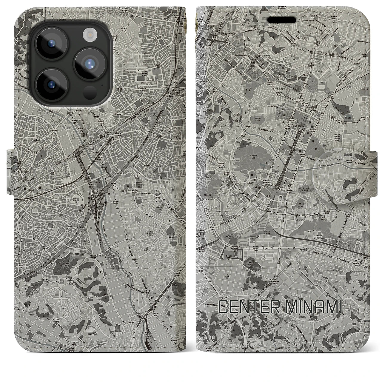 【センター南(神奈川県)】地図柄iPhoneケース(手帳タイプ)モノトーン・iPhone 15 Pro Max 用