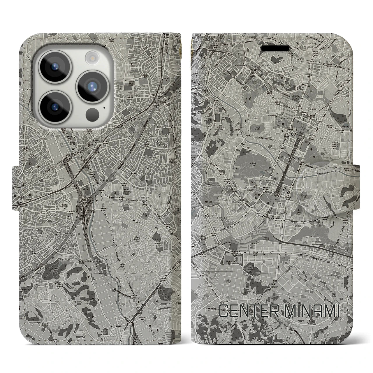 【センター南(神奈川県)】地図柄iPhoneケース(手帳タイプ)モノトーン・iPhone 15 Pro 用
