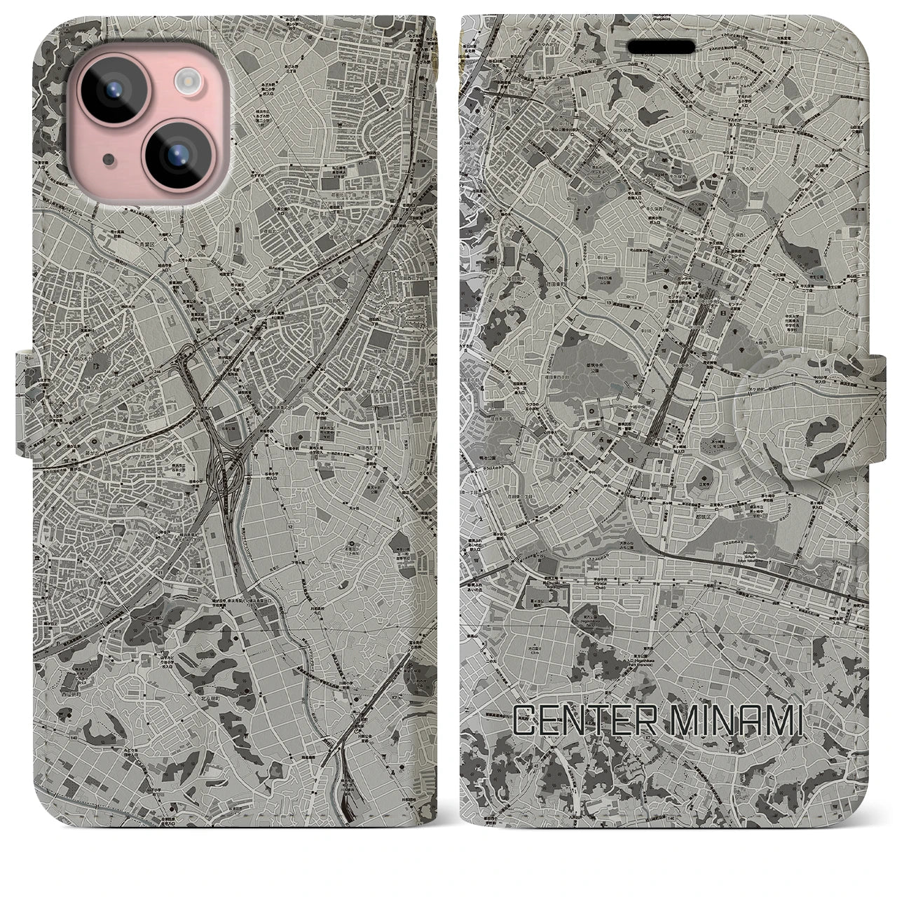 【センター南(神奈川県)】地図柄iPhoneケース(手帳タイプ)モノトーン・iPhone 15 Plus 用