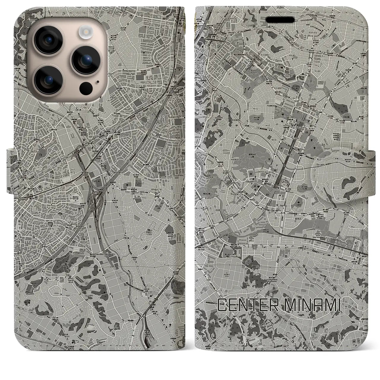 【センター南(神奈川県)】地図柄iPhoneケース(手帳タイプ)モノトーン・iPhone 16 Plus 用