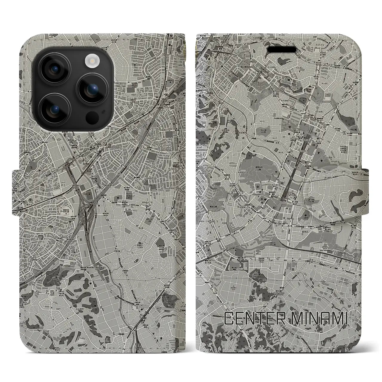 【センター南(神奈川県)】地図柄iPhoneケース(手帳タイプ)モノトーン・iPhone 16 用