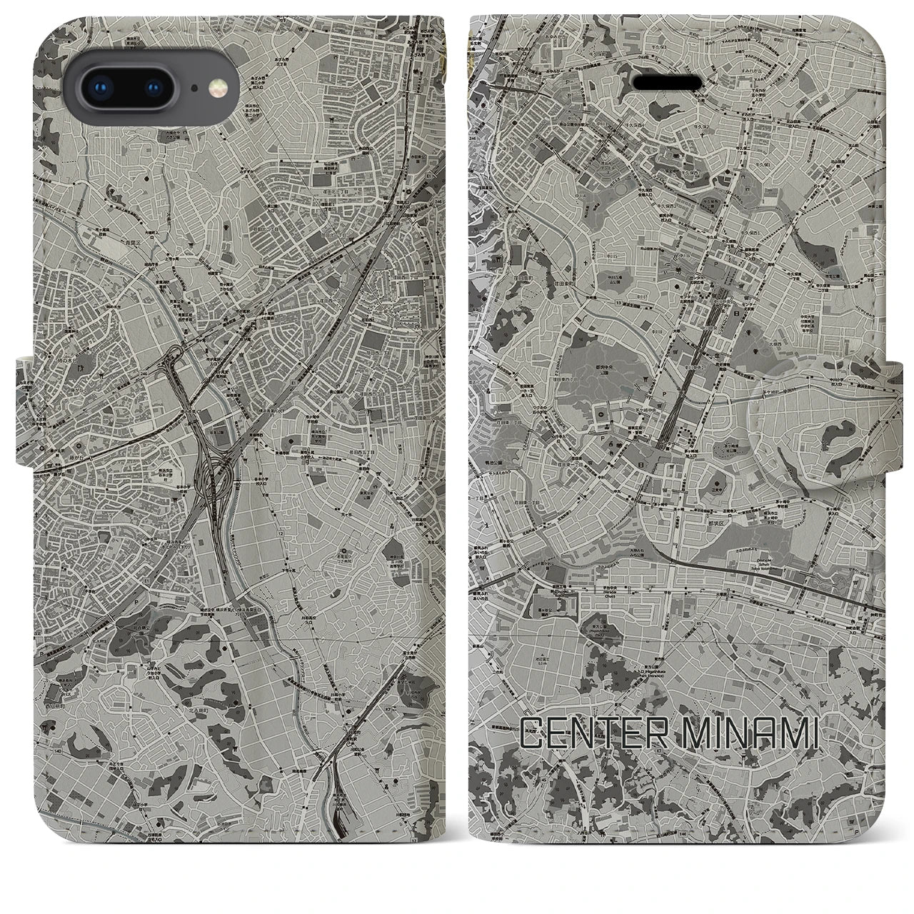 【センター南(神奈川県)】地図柄iPhoneケース(手帳タイプ)モノトーン・iPhone 8Plus /7Plus / 6sPlus / 6Plus 用