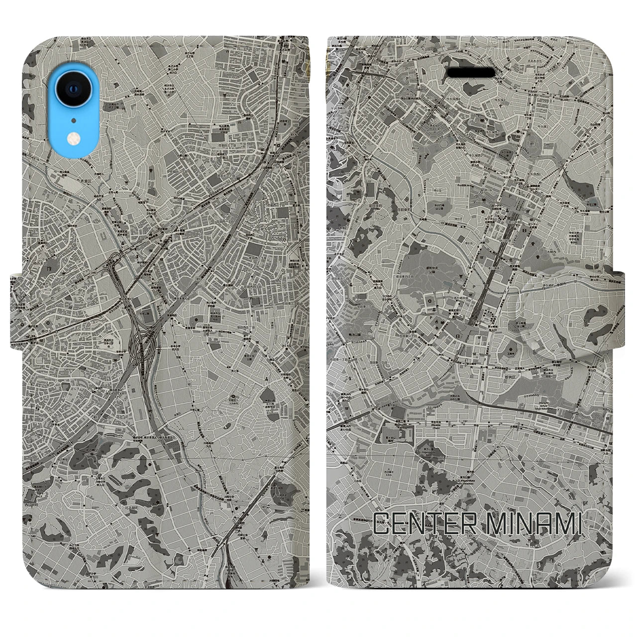 【センター南(神奈川県)】地図柄iPhoneケース(手帳タイプ)モノトーン・iPhone XR 用