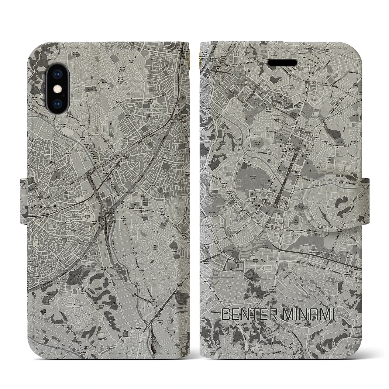 【センター南(神奈川県)】地図柄iPhoneケース(手帳タイプ)モノトーン・iPhone XS / X 用