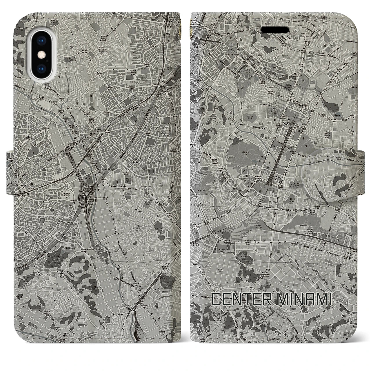 【センター南(神奈川県)】地図柄iPhoneケース(手帳タイプ)モノトーン・iPhone XS Max 用