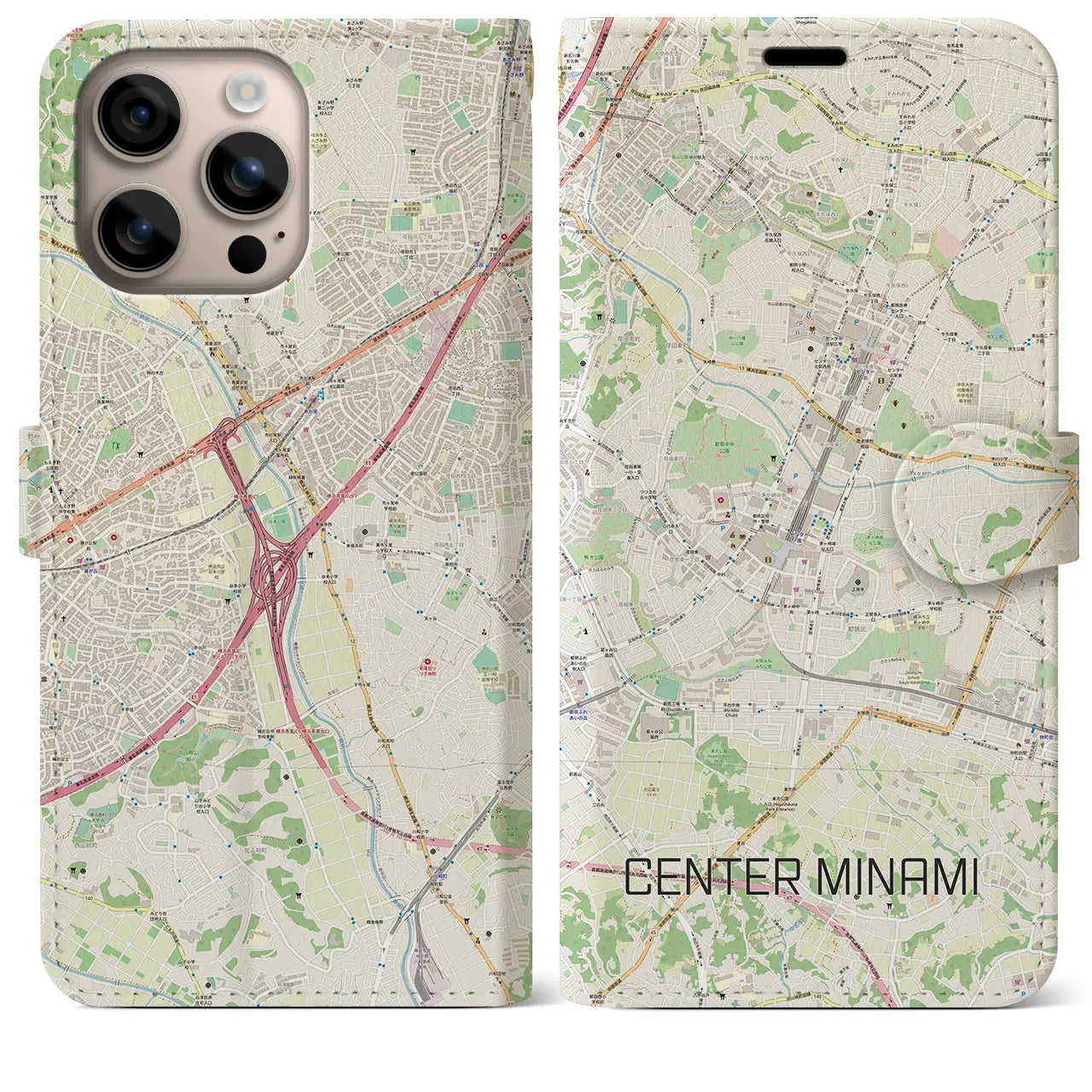 【センター南(神奈川県)】地図柄iPhoneケース(手帳タイプ)ナチュラル・iPhone 16 Plus 用