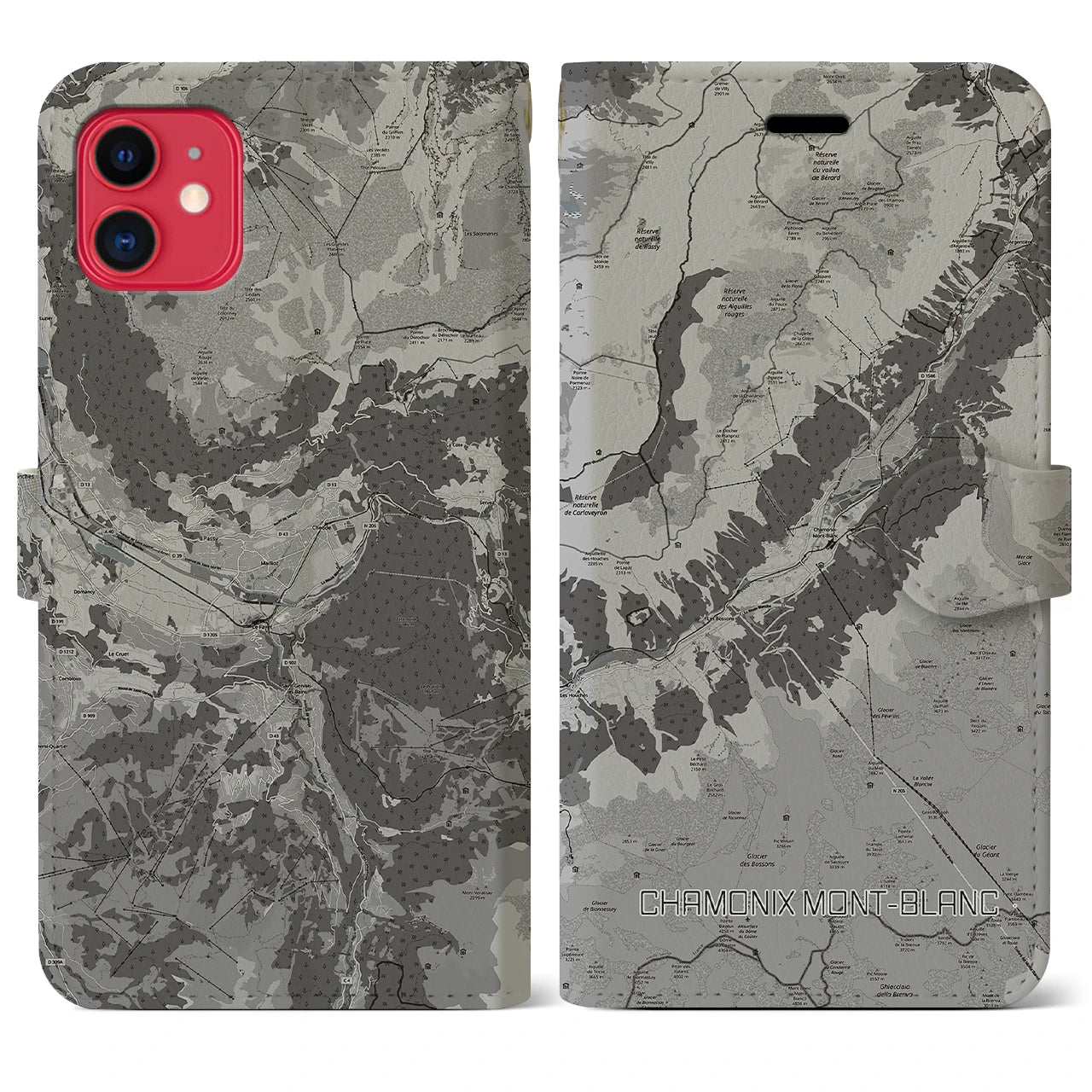 【シャモニー(フランス)】地図柄iPhoneケース(手帳タイプ)モノトーン・iPhone 11 用