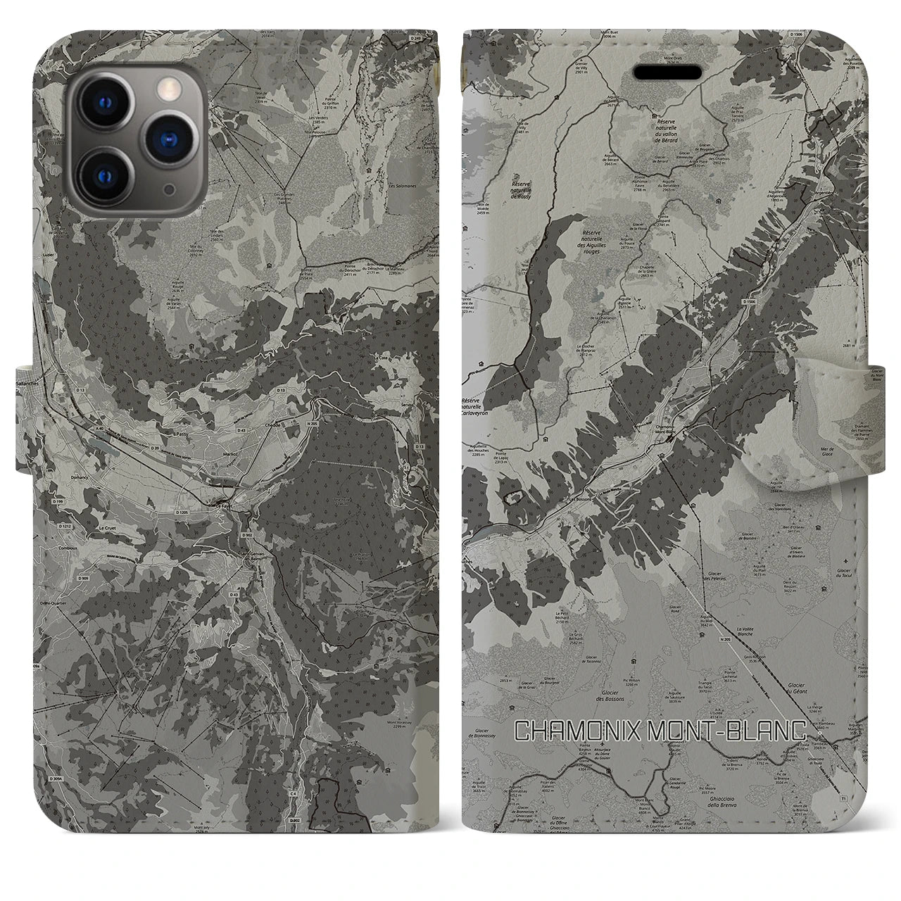 【シャモニー(フランス)】地図柄iPhoneケース(手帳タイプ)モノトーン・iPhone 11 Pro Max 用
