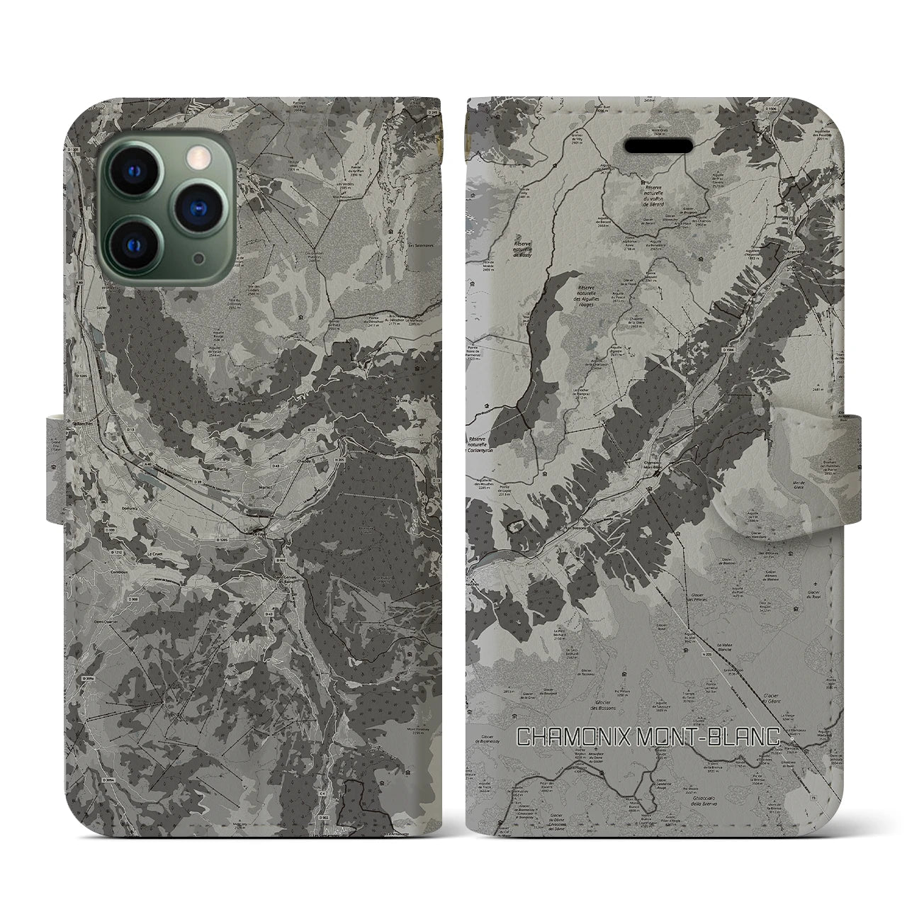 【シャモニー(フランス)】地図柄iPhoneケース(手帳タイプ)モノトーン・iPhone 11 Pro 用
