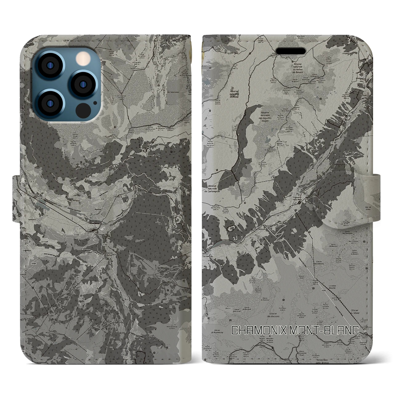 【シャモニー(フランス)】地図柄iPhoneケース(手帳タイプ)モノトーン・iPhone 12 / 12 Pro 用