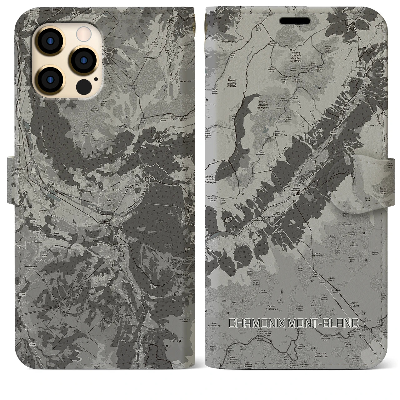 【シャモニー(フランス)】地図柄iPhoneケース(手帳タイプ)モノトーン・iPhone 12 Pro Max 用