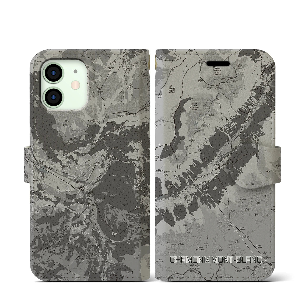 【シャモニー(フランス)】地図柄iPhoneケース(手帳タイプ)モノトーン・iPhone 12 mini 用