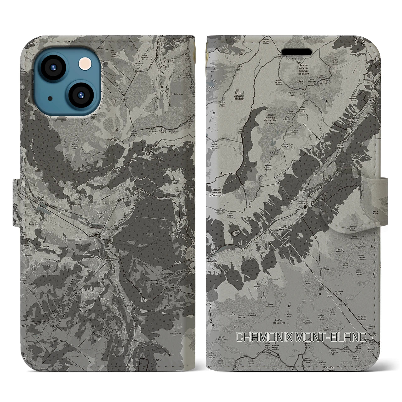 【シャモニー(フランス)】地図柄iPhoneケース(手帳タイプ)モノトーン・iPhone 13 用