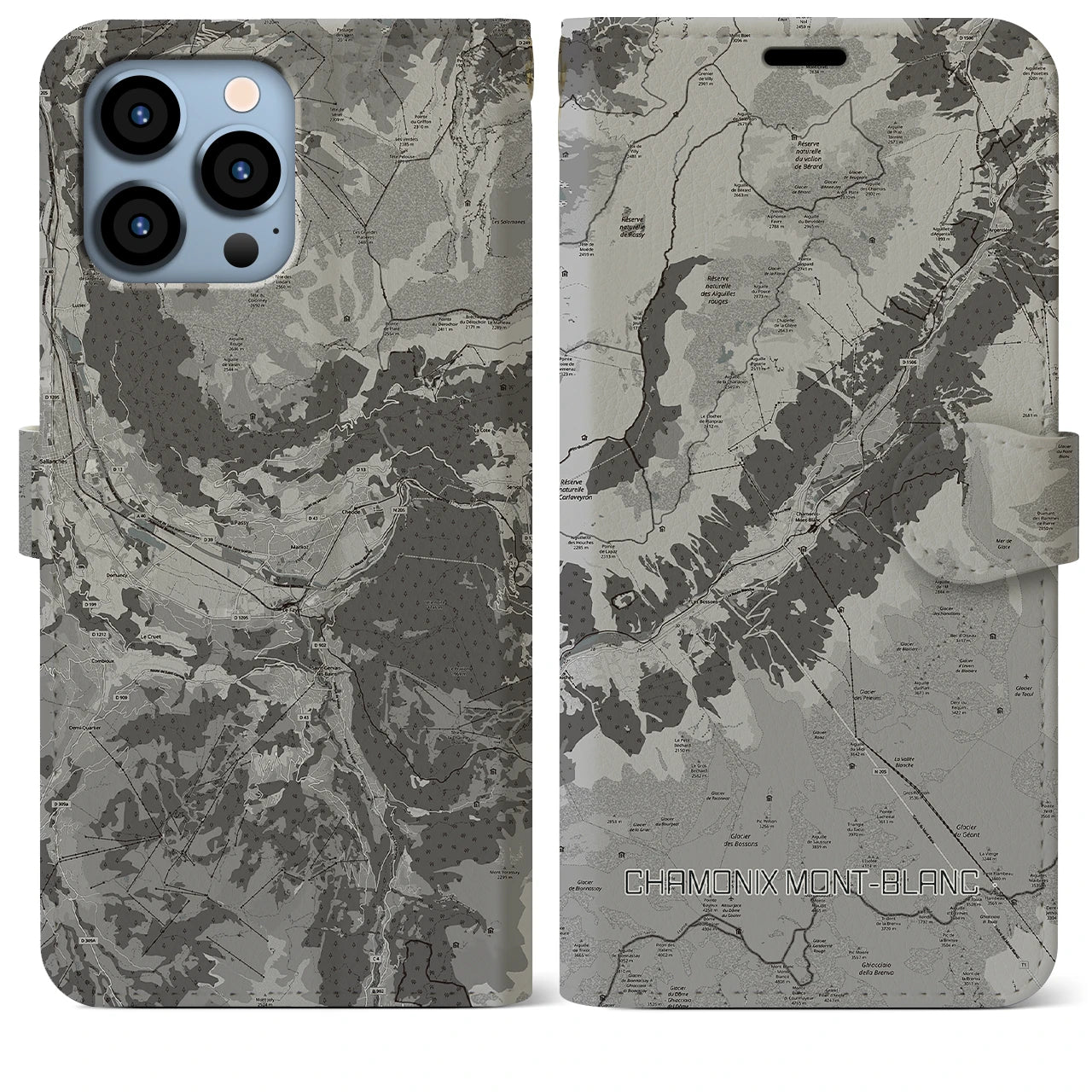 【シャモニー(フランス)】地図柄iPhoneケース(手帳タイプ)モノトーン・iPhone 13 Pro Max 用