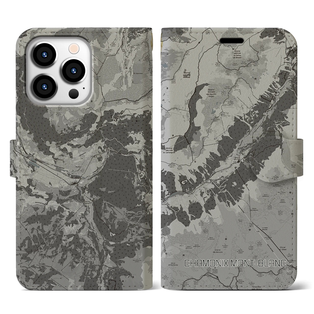【シャモニー(フランス)】地図柄iPhoneケース(手帳タイプ)モノトーン・iPhone 13 Pro 用