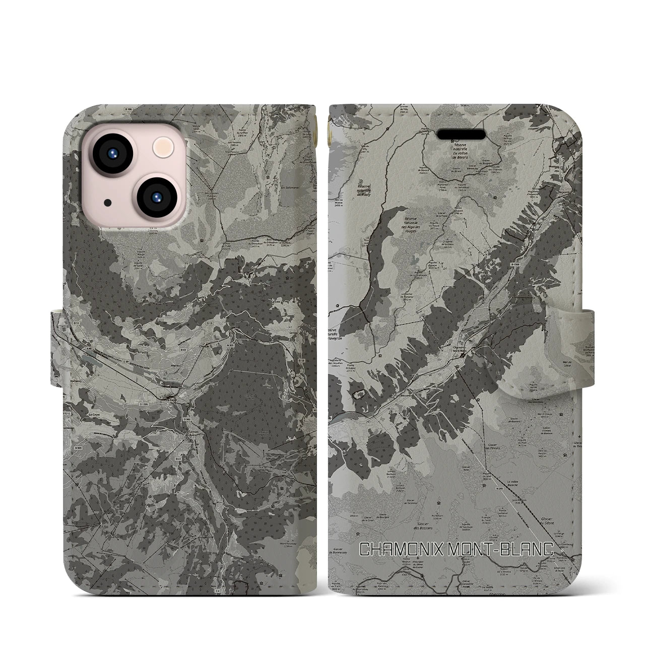 【シャモニー(フランス)】地図柄iPhoneケース(手帳タイプ)モノトーン・iPhone 13 mini 用