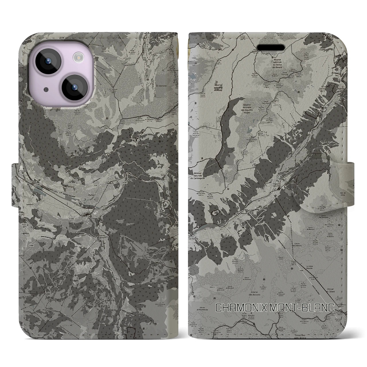 【シャモニー(フランス)】地図柄iPhoneケース(手帳タイプ)モノトーン・iPhone 14 用