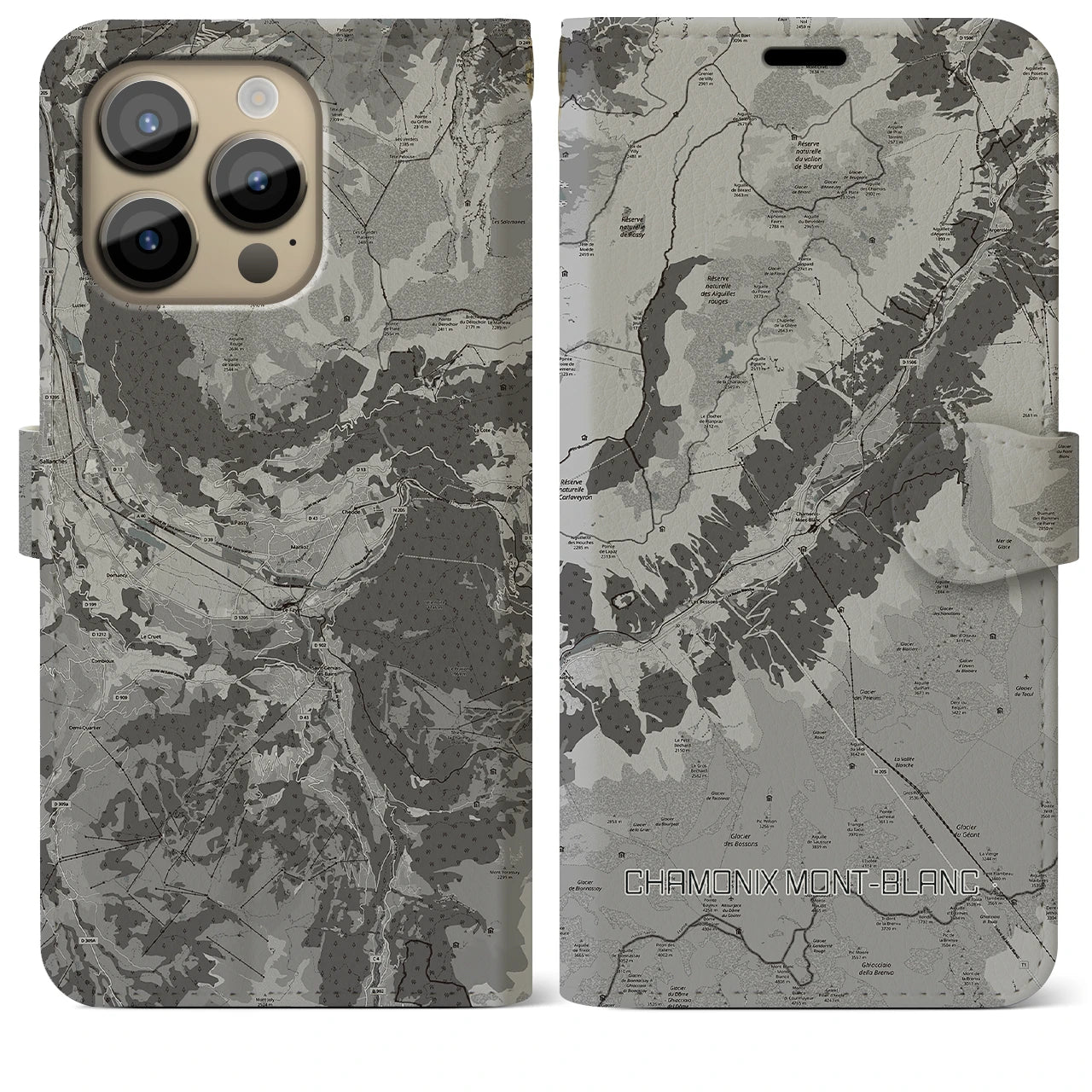 【シャモニー(フランス)】地図柄iPhoneケース(手帳タイプ)モノトーン・iPhone 14 Pro Max 用