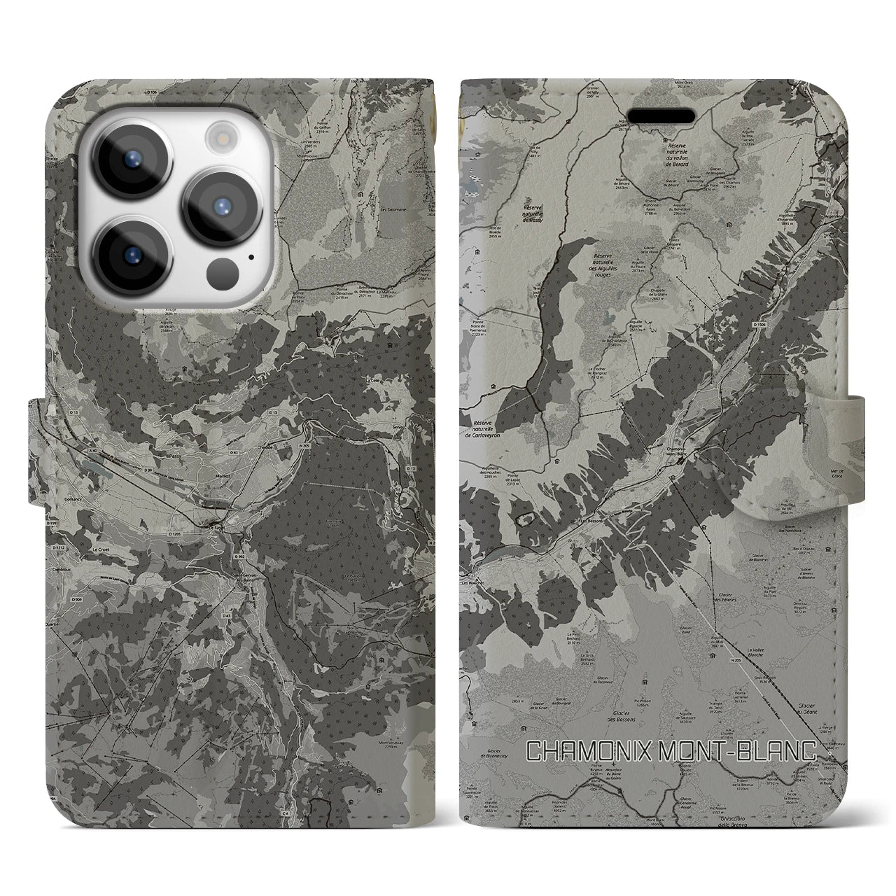 【シャモニー(フランス)】地図柄iPhoneケース(手帳タイプ)モノトーン・iPhone 14 Pro 用
