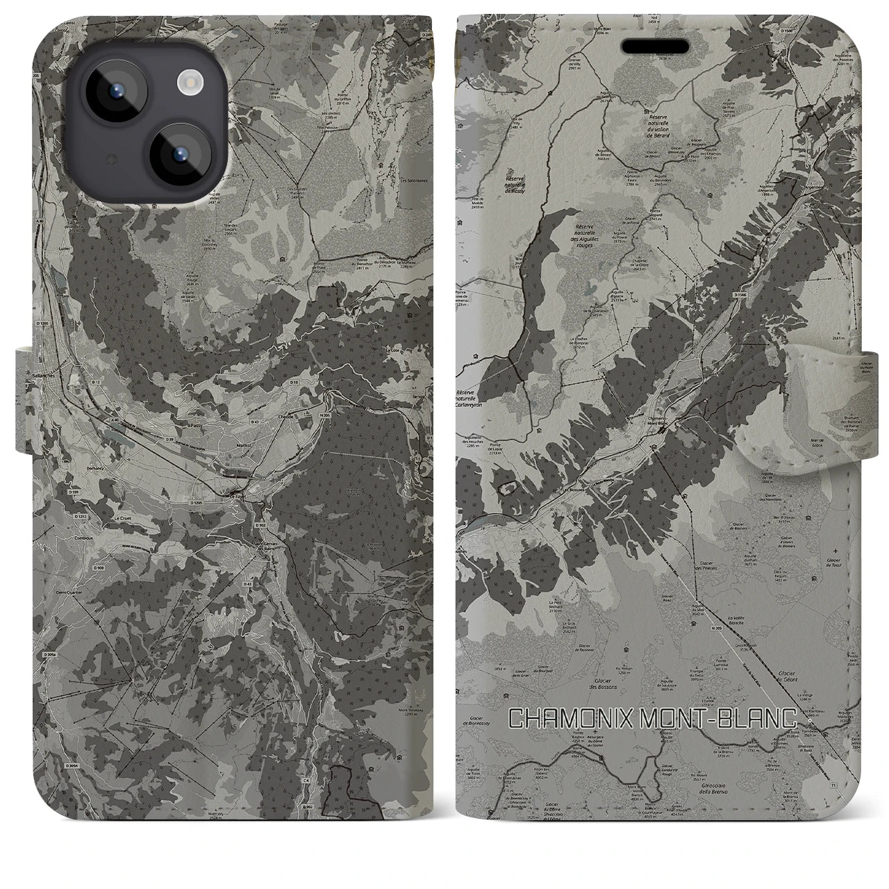 【シャモニー(フランス)】地図柄iPhoneケース(手帳タイプ)モノトーン・iPhone 14 Plus 用