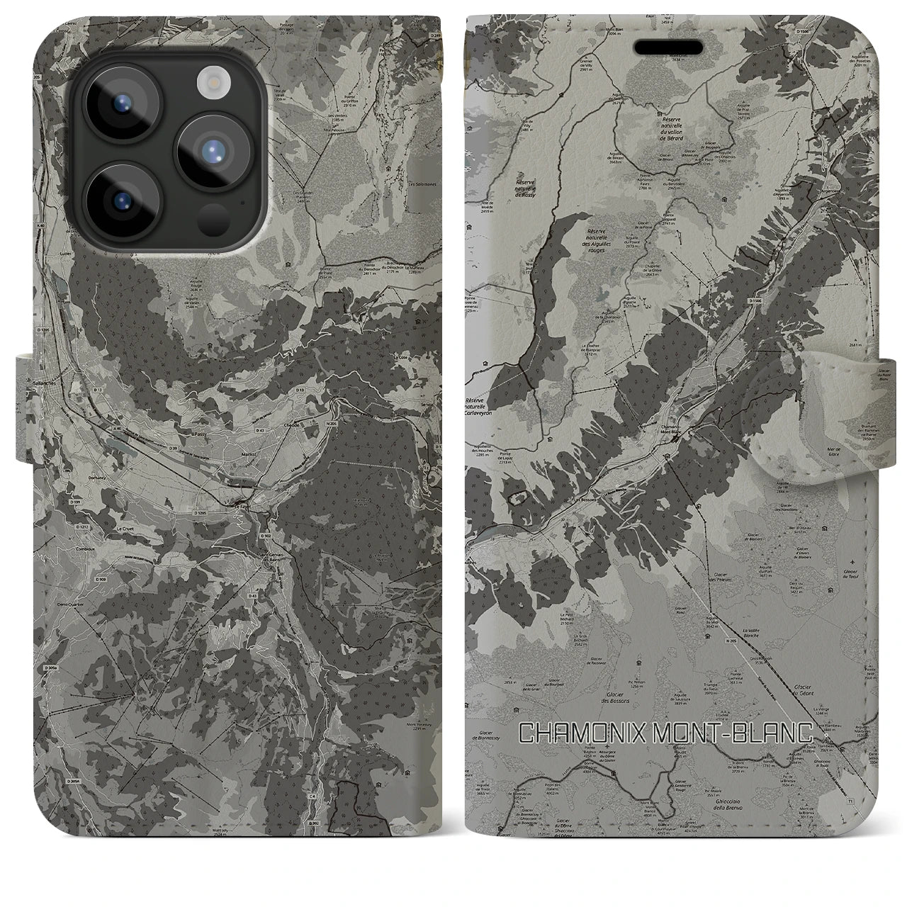 【シャモニー(フランス)】地図柄iPhoneケース(手帳タイプ)モノトーン・iPhone 15 Pro Max 用