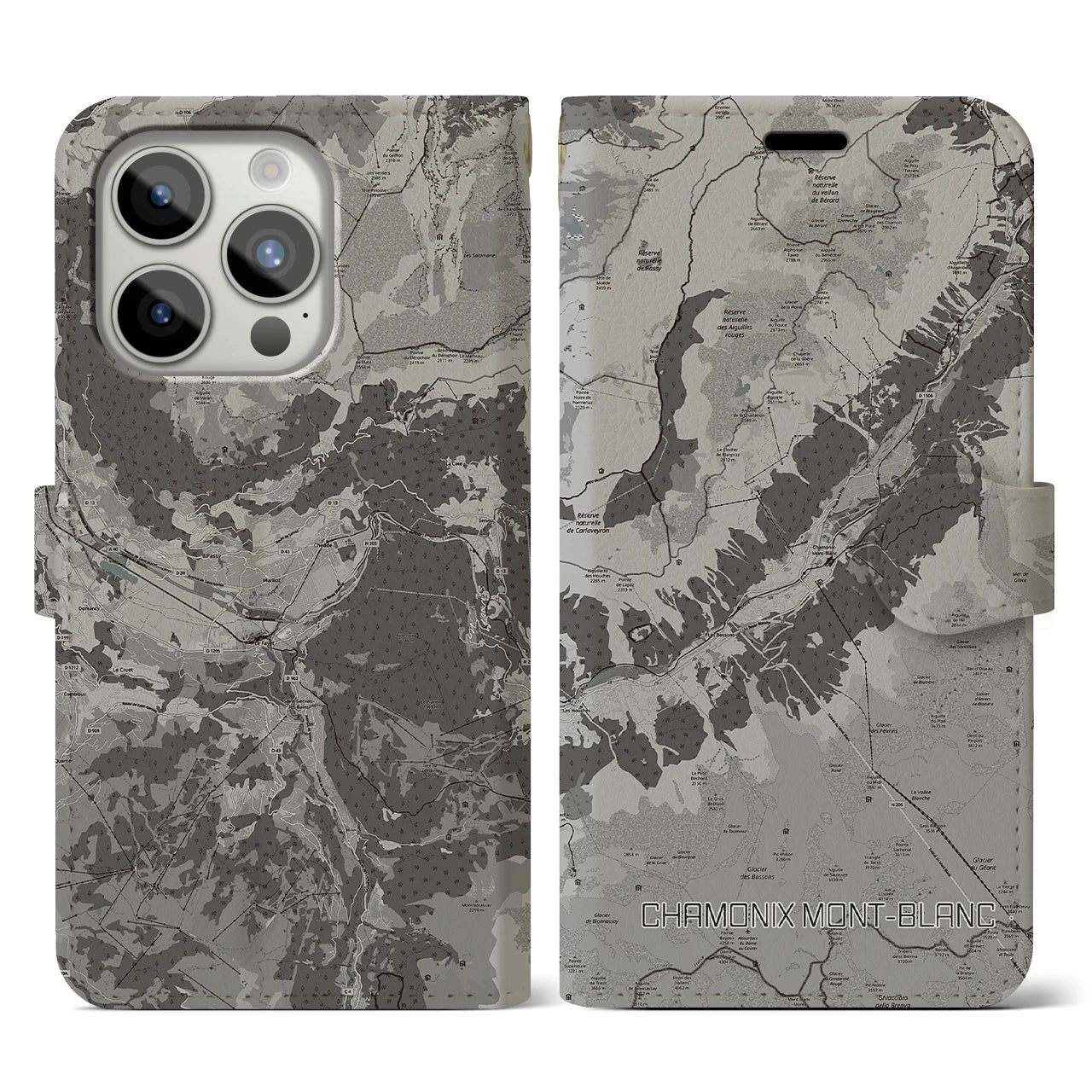 【シャモニー(フランス)】地図柄iPhoneケース(手帳タイプ)モノトーン・iPhone 15 Pro 用