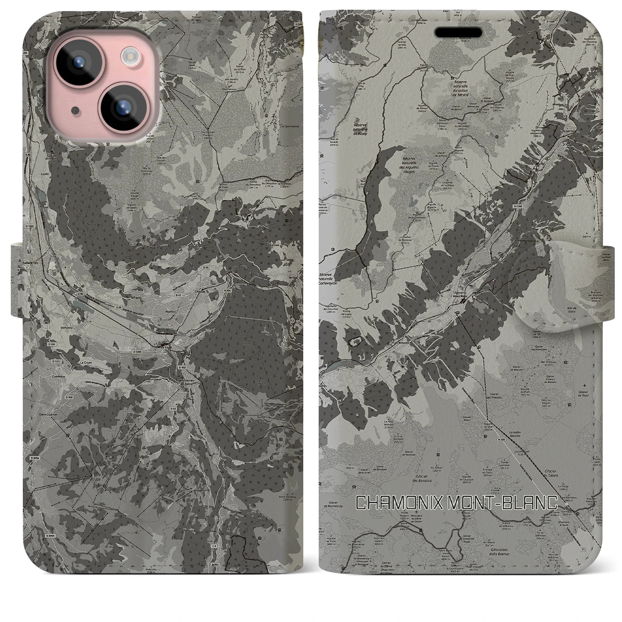 【シャモニー(フランス)】地図柄iPhoneケース(手帳タイプ)モノトーン・iPhone 15 Plus 用