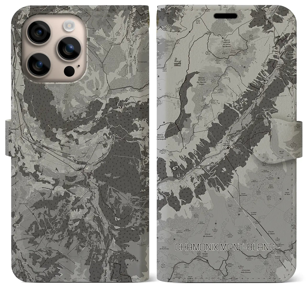 【シャモニー(フランス)】地図柄iPhoneケース(手帳タイプ)モノトーン・iPhone 16 Plus 用