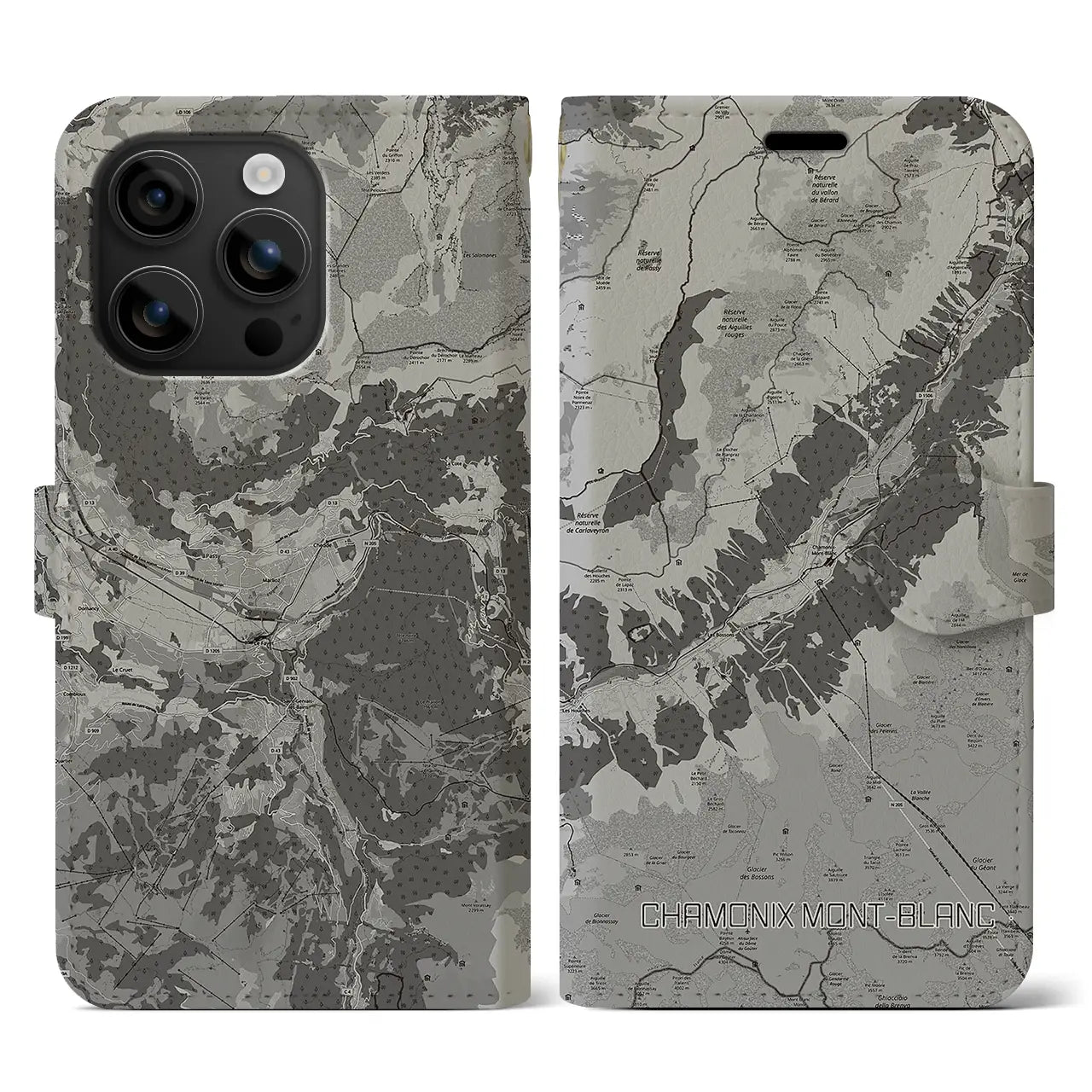 【シャモニー(フランス)】地図柄iPhoneケース(手帳タイプ)モノトーン・iPhone 16 用