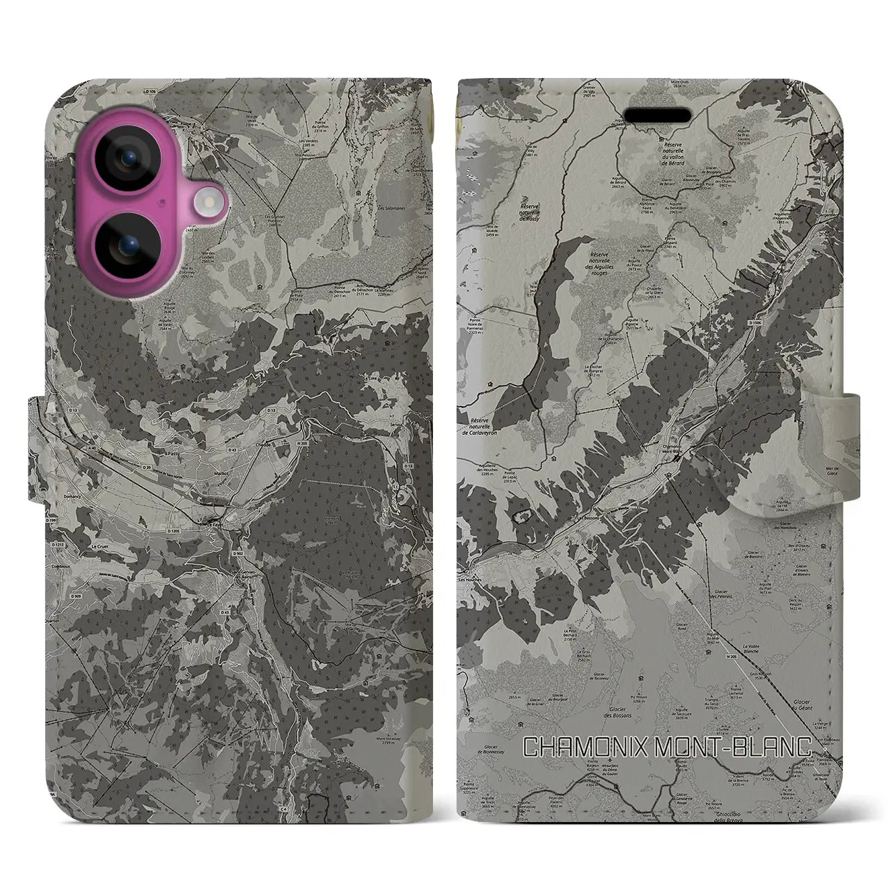 【シャモニー(フランス)】地図柄iPhoneケース(手帳タイプ)モノトーン・iPhone 16 Pro 用