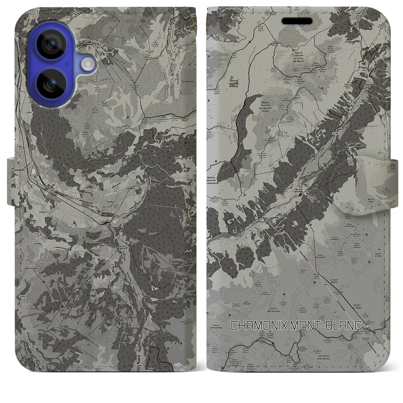 【シャモニー(フランス)】地図柄iPhoneケース(手帳タイプ)モノトーン・iPhone 16 Pro Max 用