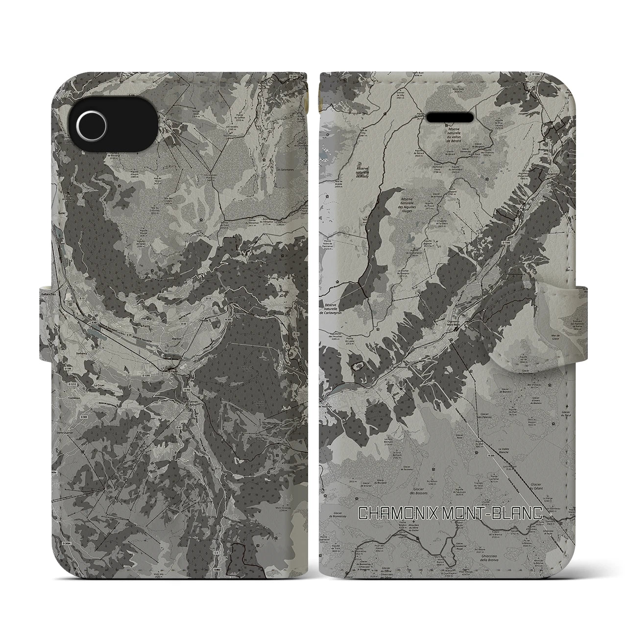 【シャモニー(フランス)】地図柄iPhoneケース(手帳タイプ)モノトーン・iPhone SE(第3 / 第2世代) / 8 / 7 / 6s / 6 用