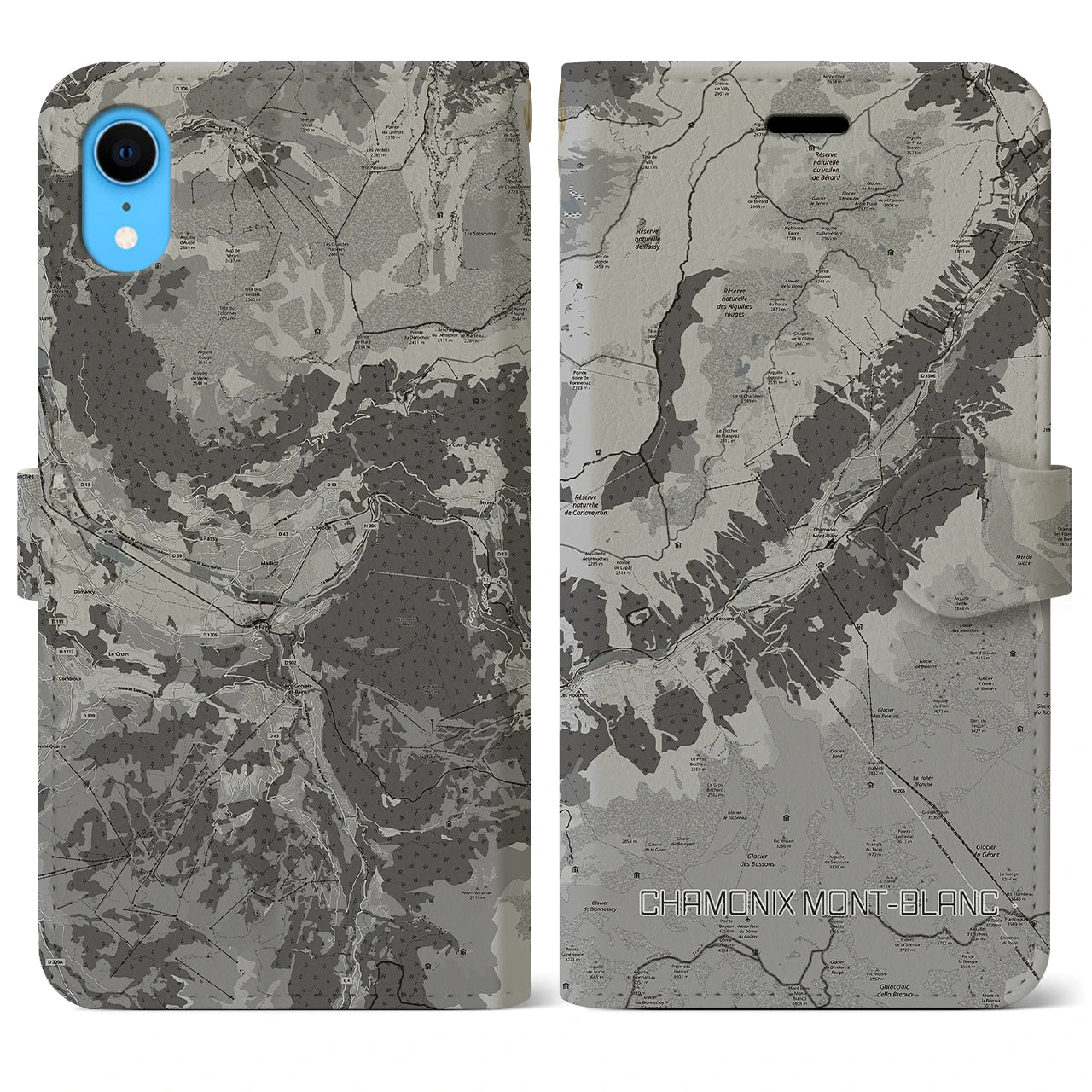 【シャモニー(フランス)】地図柄iPhoneケース(手帳タイプ)モノトーン・iPhone XR 用