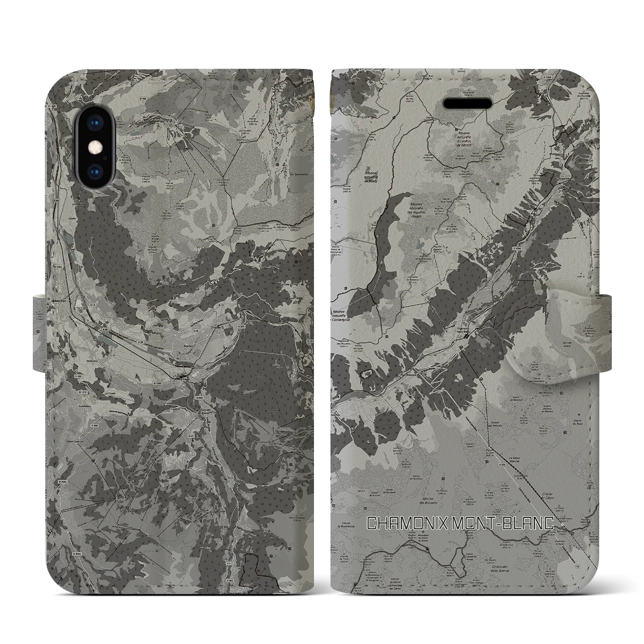 【シャモニー(フランス)】地図柄iPhoneケース(手帳タイプ)モノトーン・iPhone XS / X 用