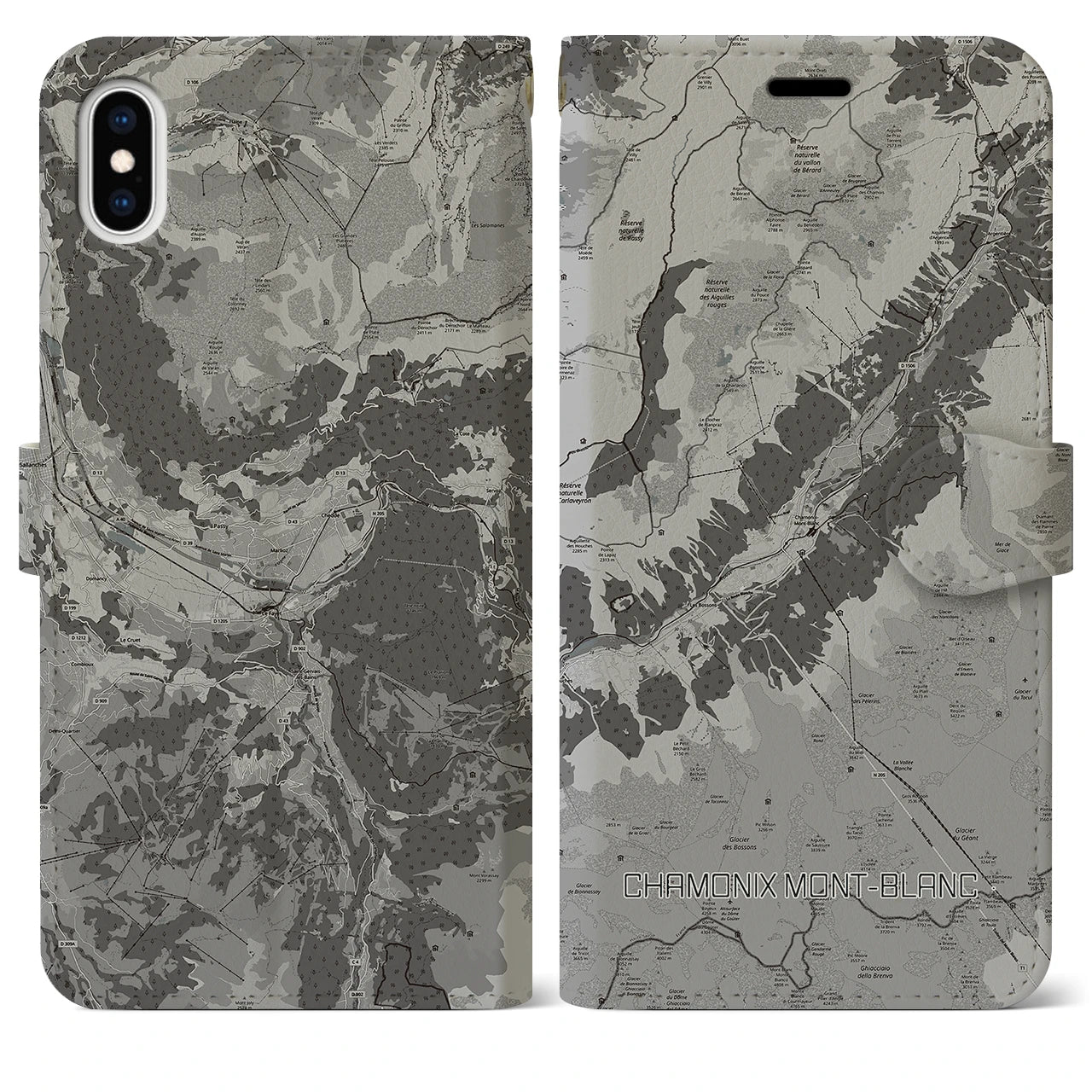 【シャモニー(フランス)】地図柄iPhoneケース(手帳タイプ)モノトーン・iPhone XS Max 用