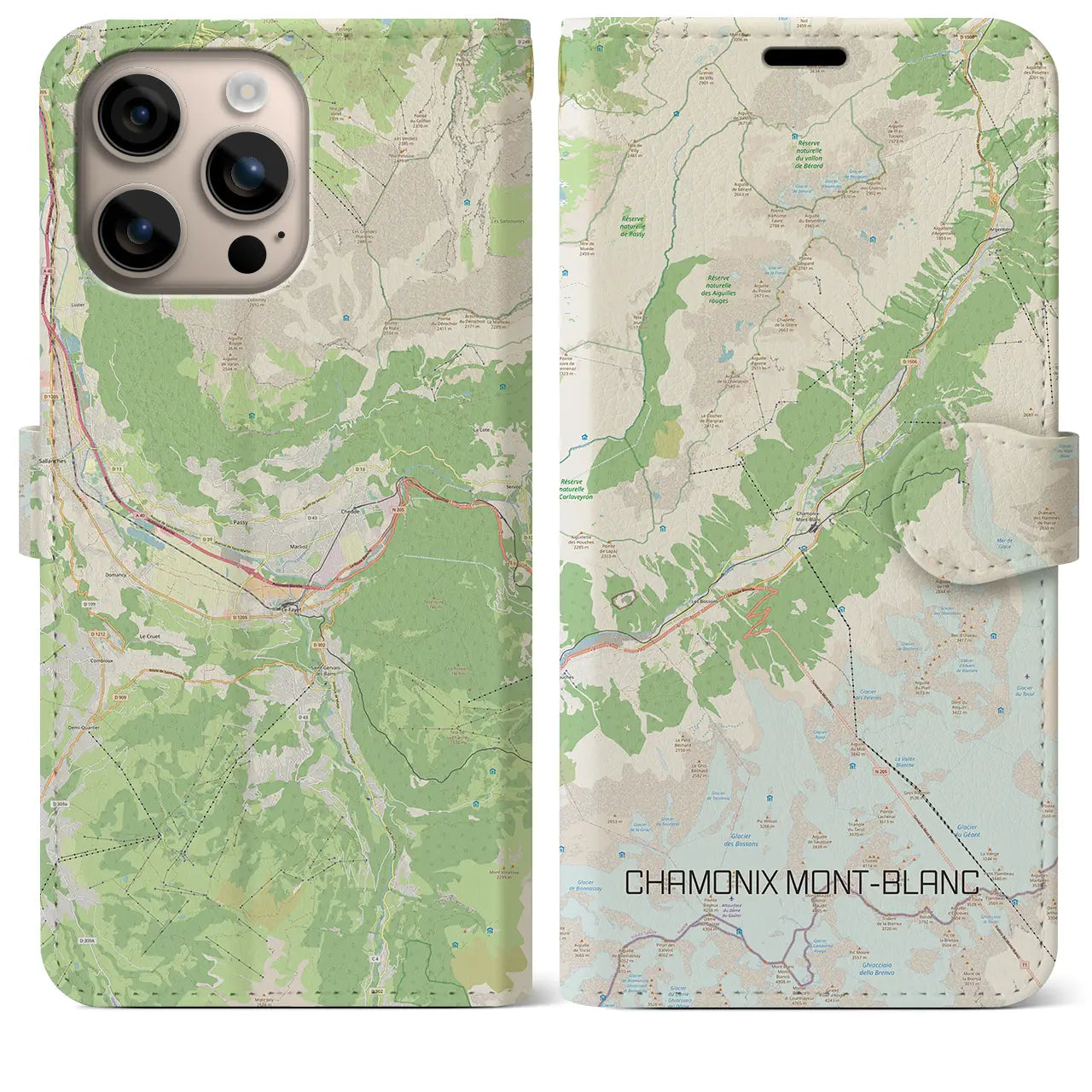 【シャモニー(フランス)】地図柄iPhoneケース(手帳タイプ)ナチュラル・iPhone 16 Plus 用
