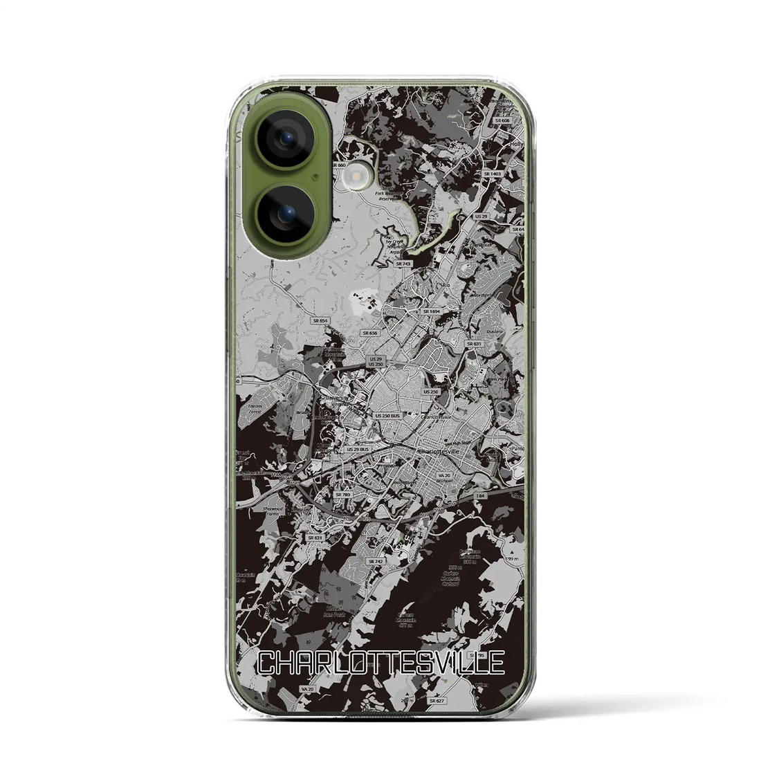 【シャーロッツビル(アメリカ)】地図柄iPhoneケース(クリアタイプ)モノトーン・iPhone 17 Pro Max 用