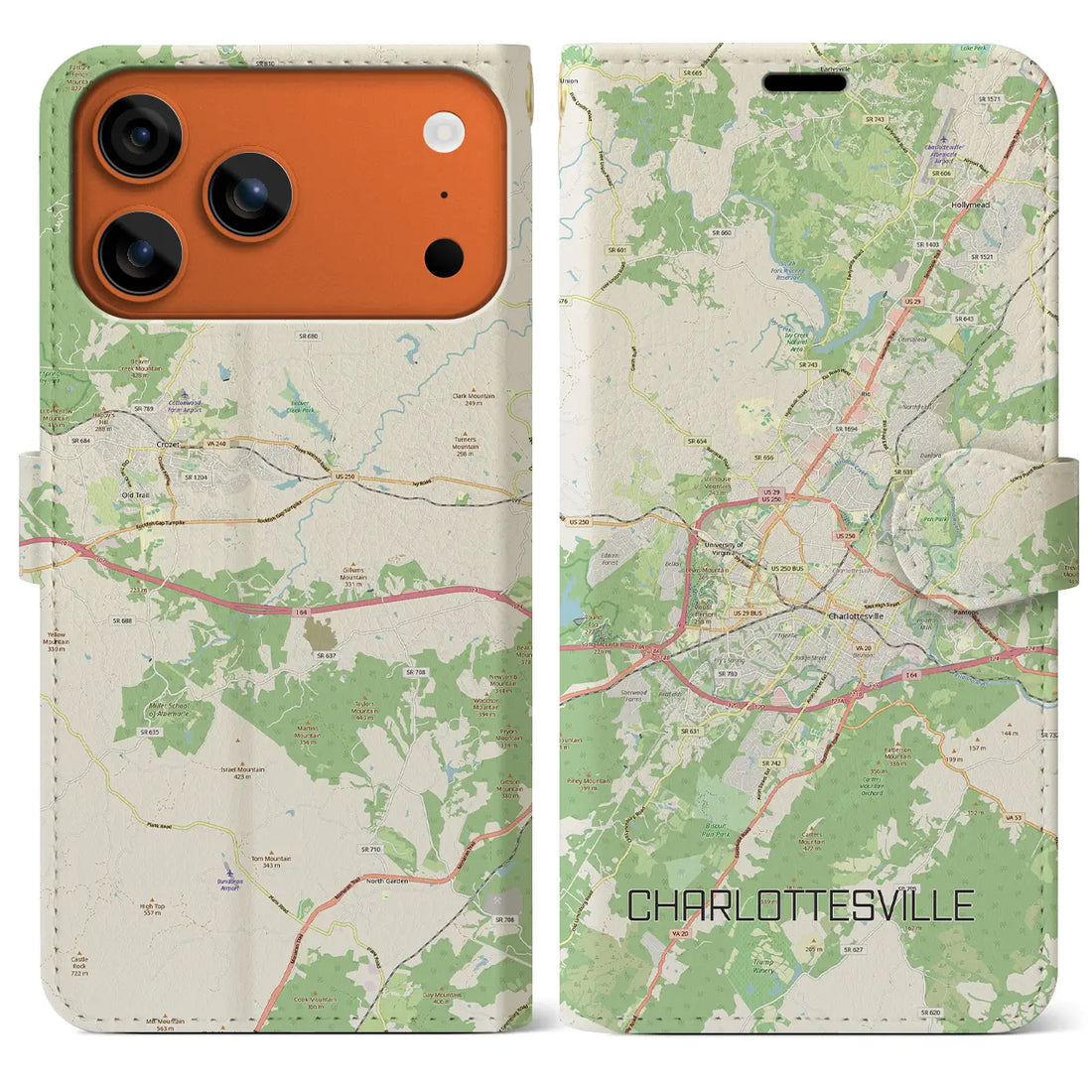 【シャーロッツビル(アメリカ)】地図柄iPhoneケース(手帳タイプ)ナチュラル・iPhone 17 Pro Max 用