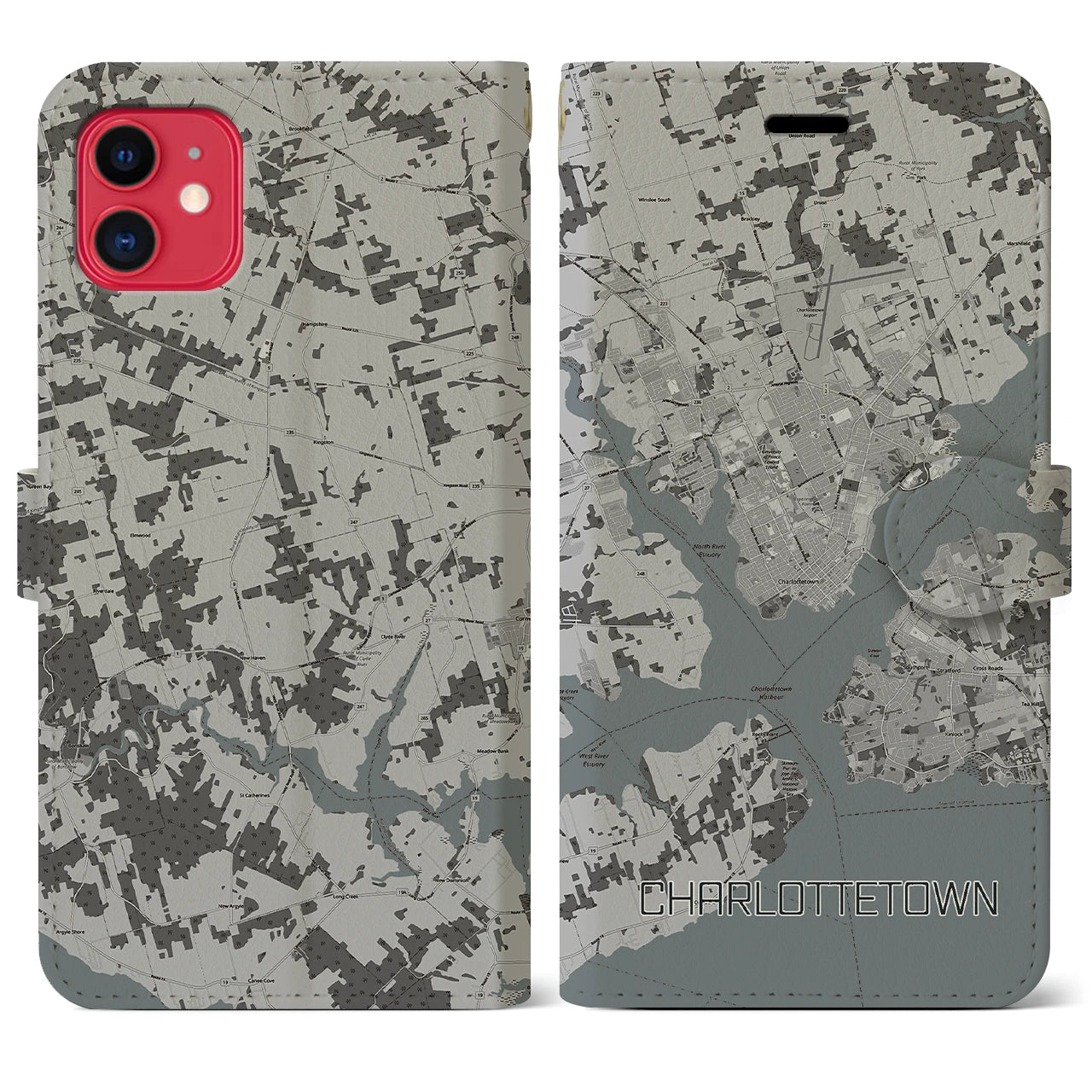 【シャーロットタウン(カナダ)】地図柄iPhoneケース(手帳タイプ)モノトーン・iPhone 11 用