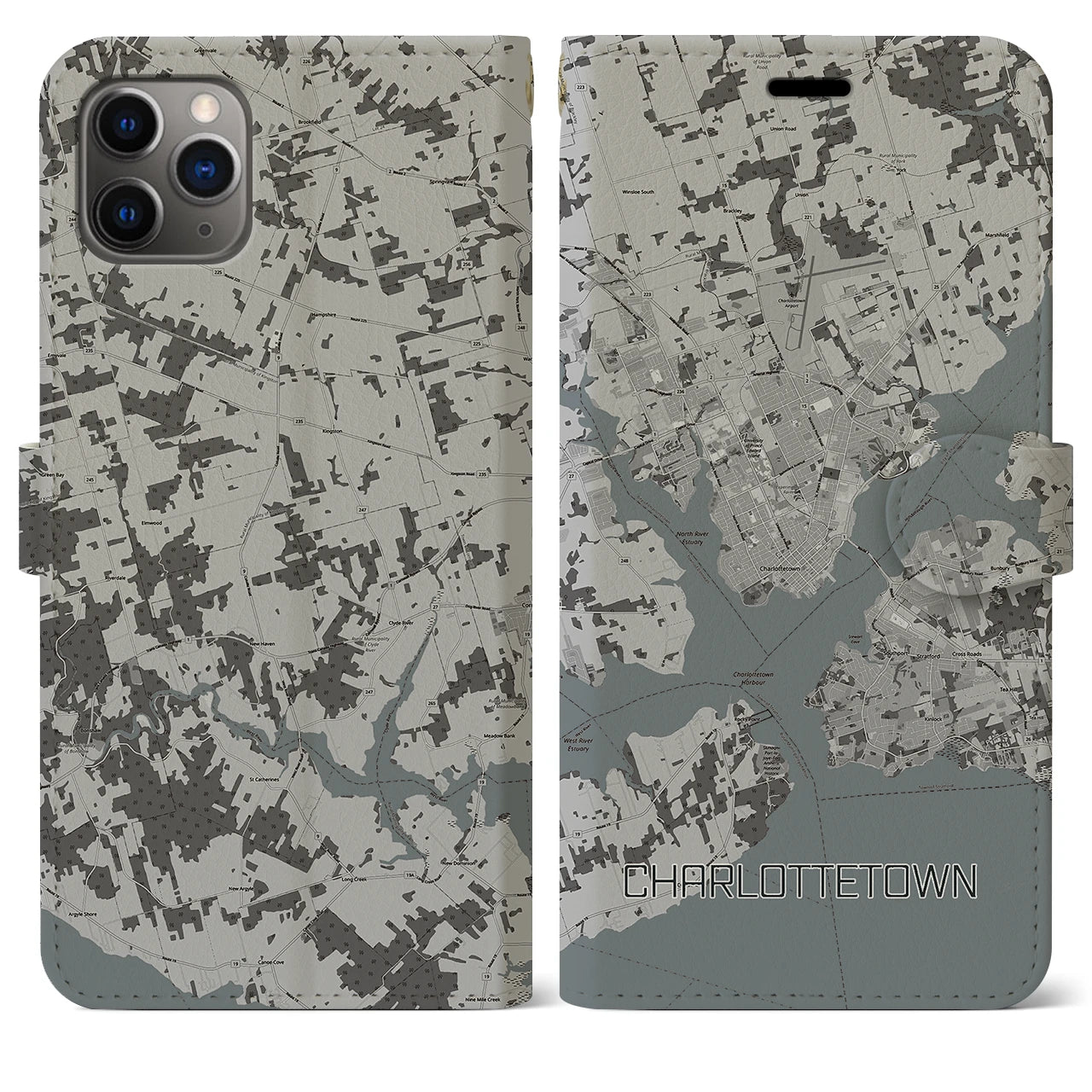 【シャーロットタウン(カナダ)】地図柄iPhoneケース(手帳タイプ)モノトーン・iPhone 11 Pro Max 用