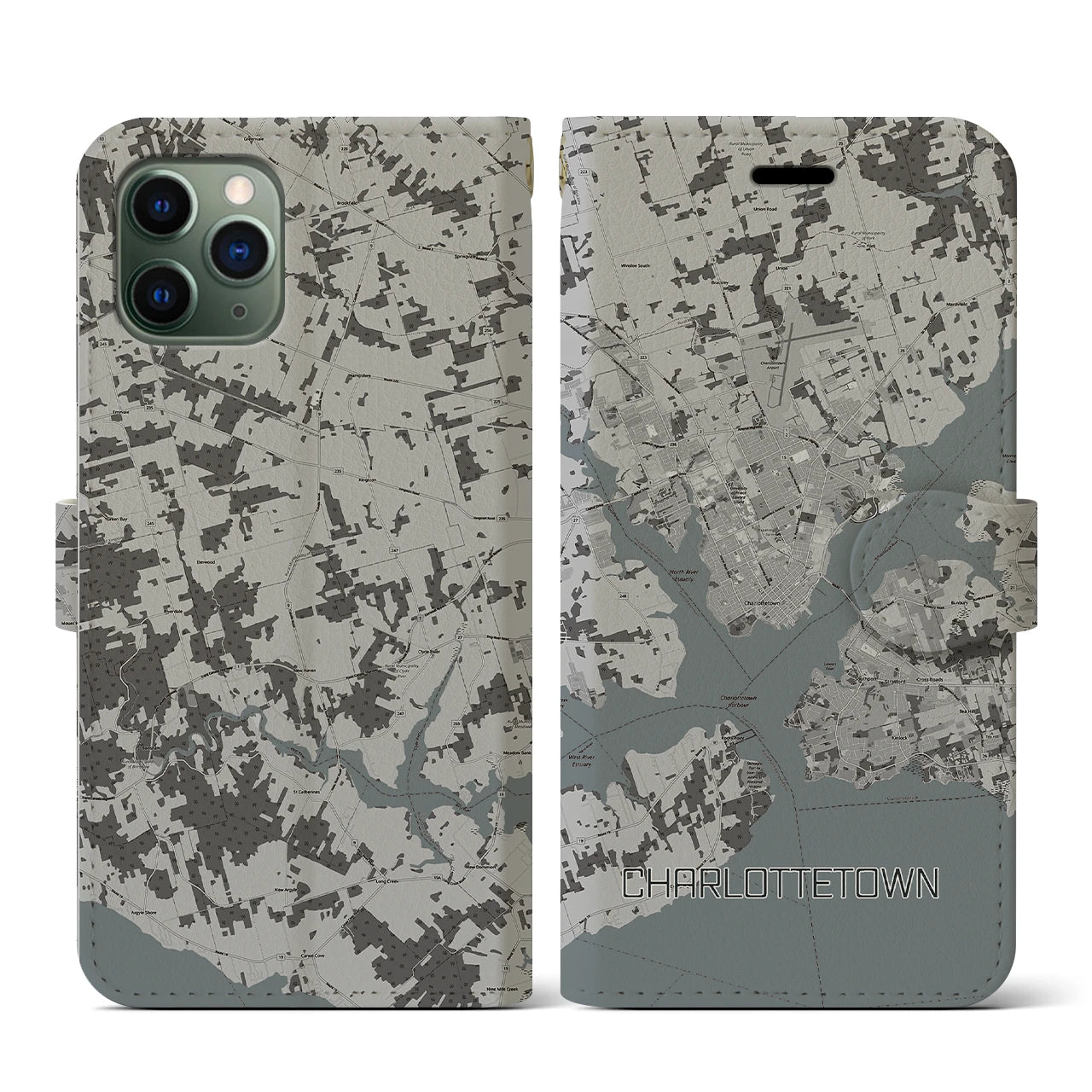 【シャーロットタウン(カナダ)】地図柄iPhoneケース(手帳タイプ)モノトーン・iPhone 11 Pro 用