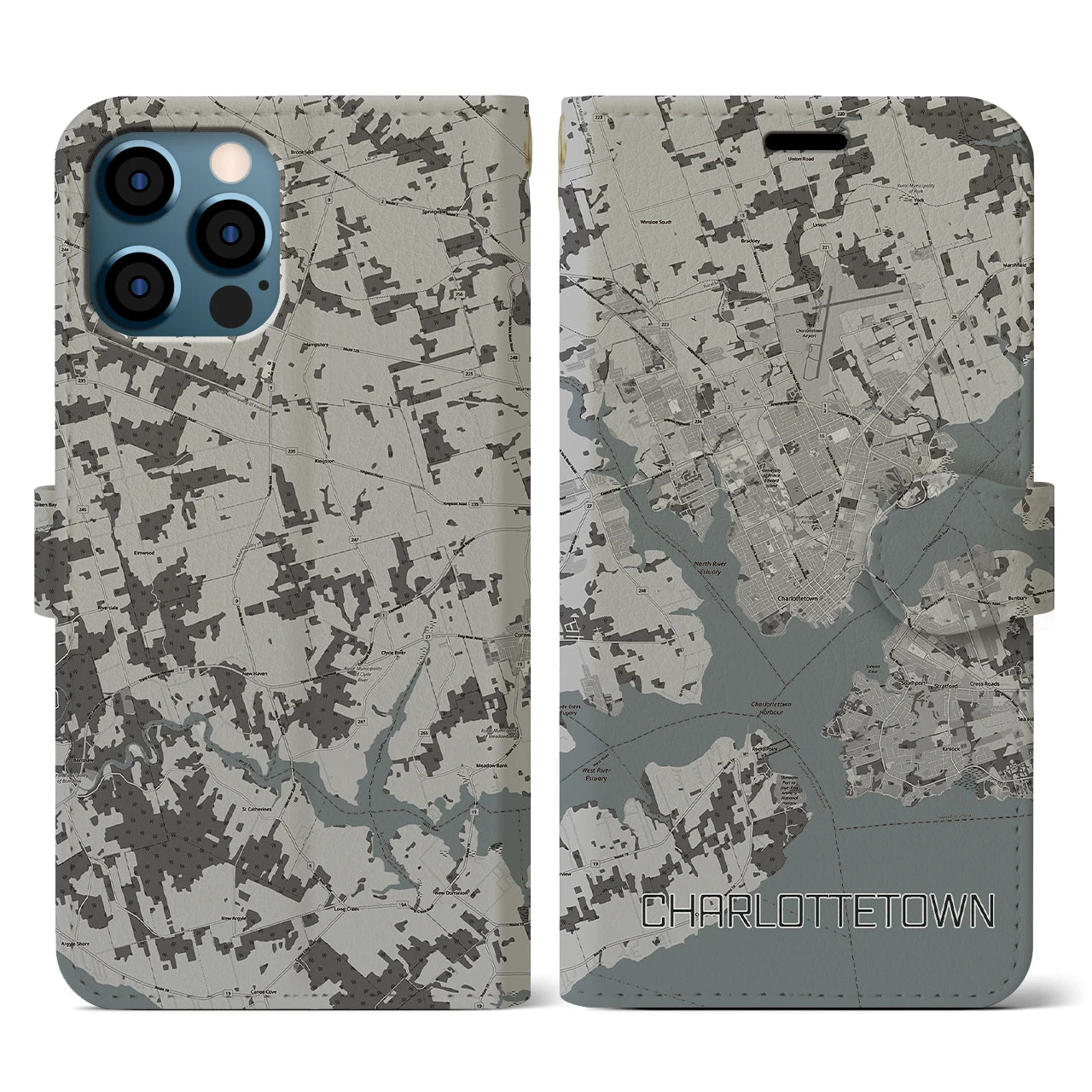 【シャーロットタウン(カナダ)】地図柄iPhoneケース(手帳タイプ)モノトーン・iPhone 12 / 12 Pro 用